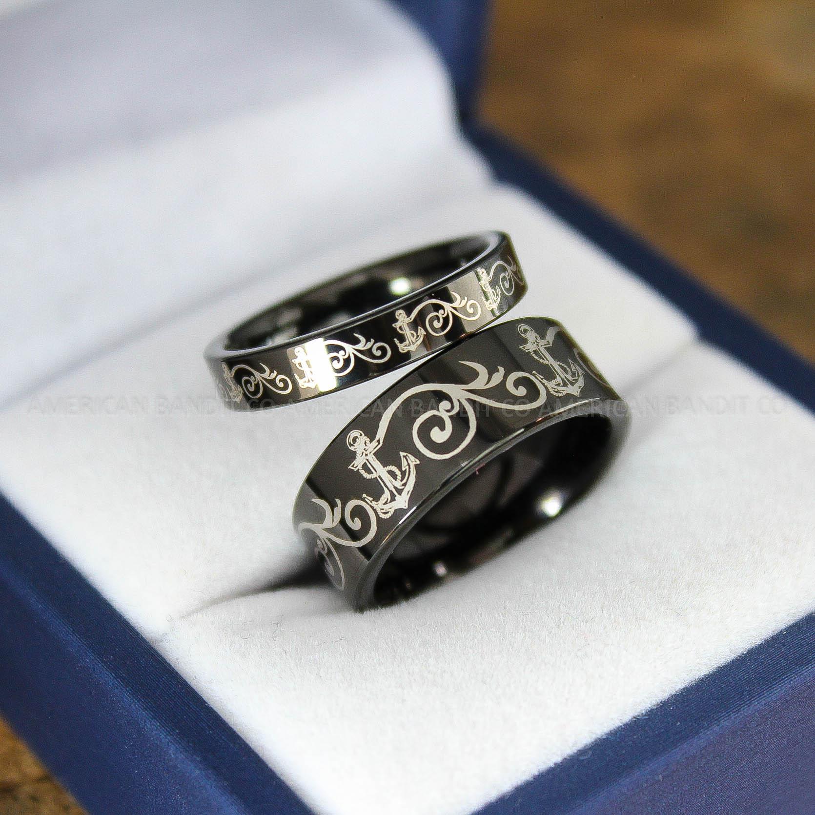 IMG_9171 Nautical Ring, Anchor Ring, Black Anchor Rings, Black Wedding Rings, Black Nautical Rings, Black Wedding Bands, Black Anchor Tungsten Rings - Image 1