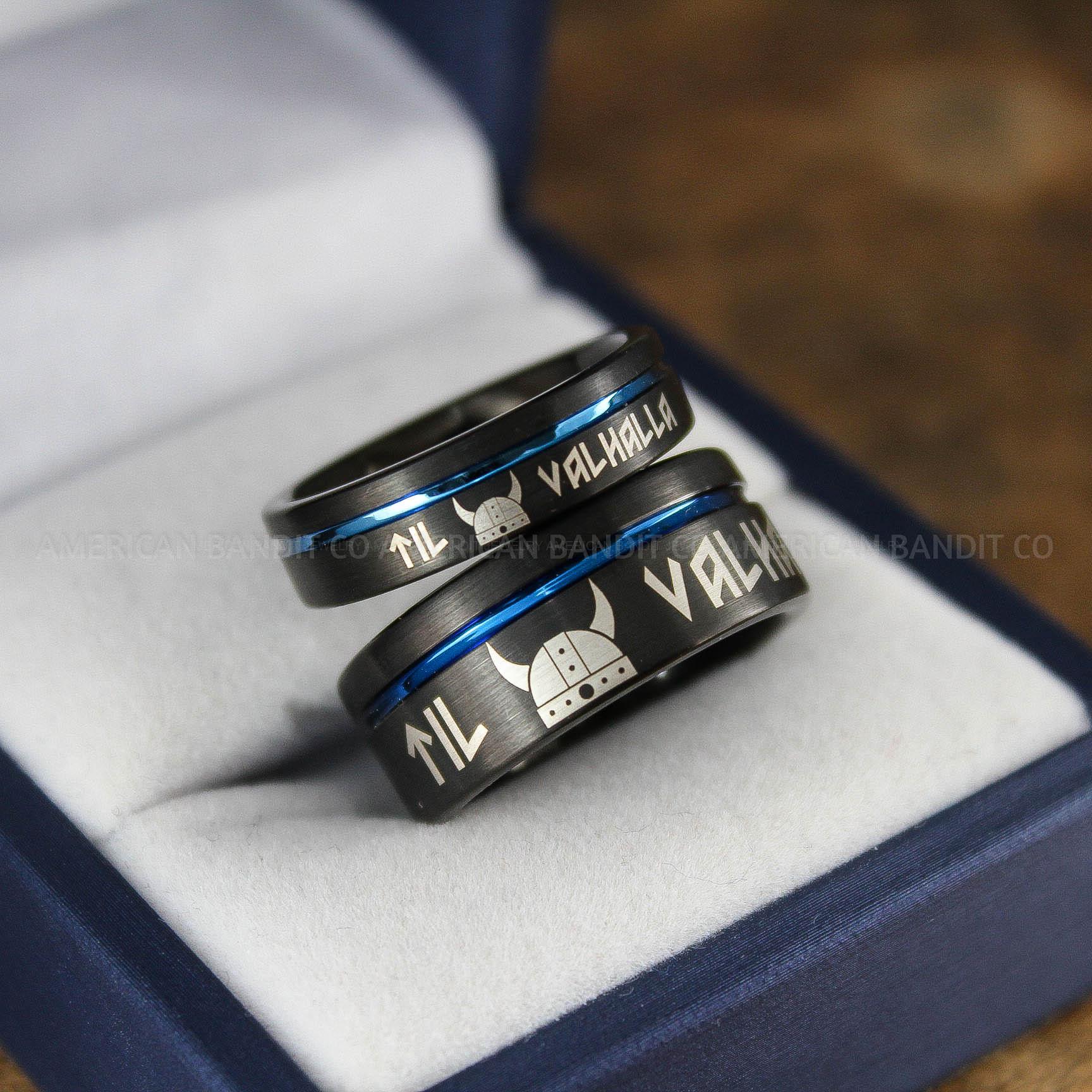 IMG_9173 Til Valhalla Rings, Viking Rings, Runes Rings, Valknut Rings, Nordic Rings, Norsemen Rings, Nordic Runes Rings, Black Tungsten Bands - Image 1