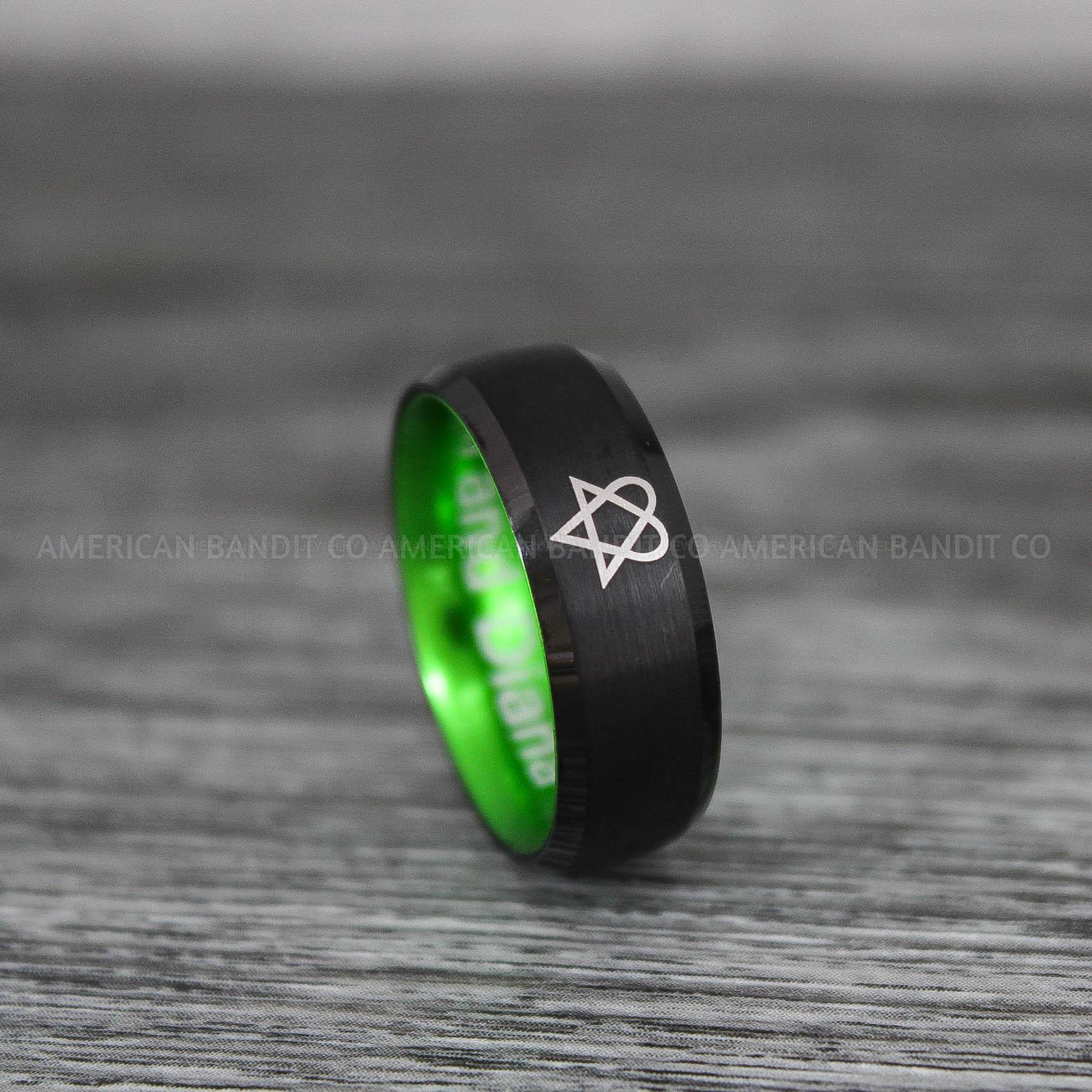IMG_9186 Heartagram Ring, Heartagram Wedding Ring, 8mm Black Tungsten Ring with Green Interior, Black Wedding Ring, Heartagram Wedding Band, ECG Ring - Image 1