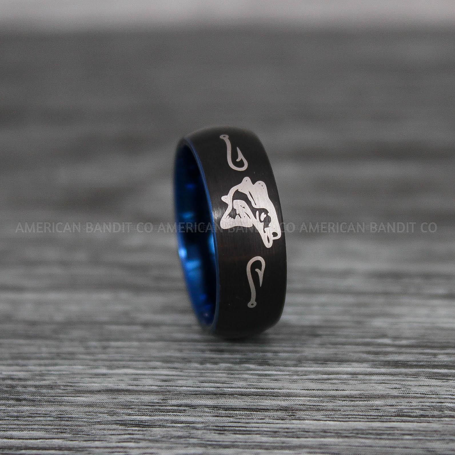 IMG_9201 Bass Fish Ring, Bass Jewelry, Fishing Ring, 8mm Black Tungsten Ring, Bass Fish Ring, Hunting Ring, Fish Hooks Ring - Image 1
