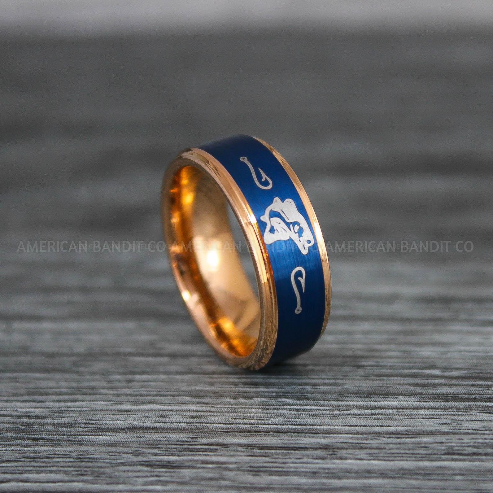 IMG_9203 Bass Fish Ring, Bass Jewelry, Fishing Ring, 8mm Rose Gold Tungsten Ring, Bass Fish Ring, Hunting Ring, Fish Hooks Ring - Image 1