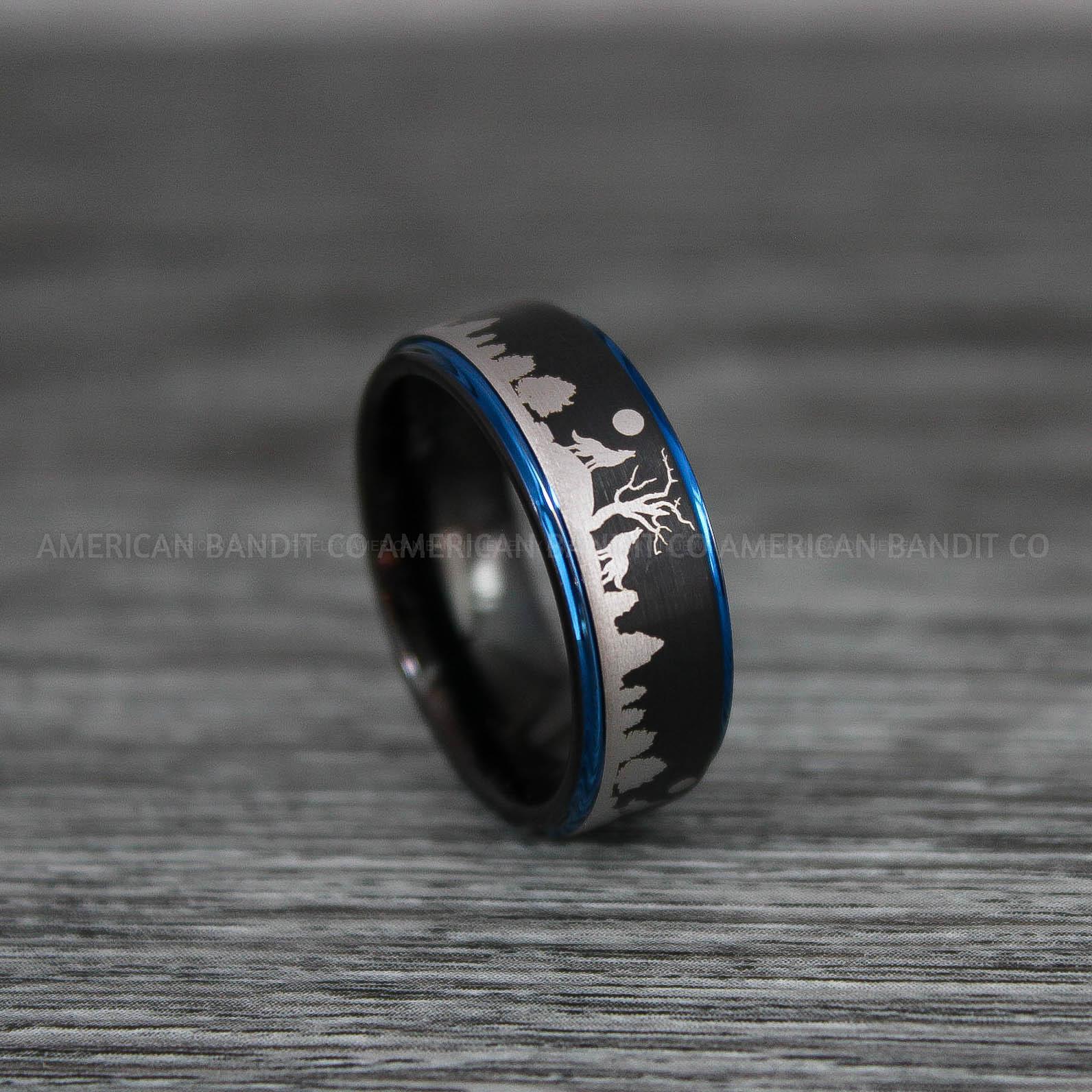IMG_9204 Howling Wolves Ring, Wolf Ring, Black Ring, Black Tungsten Ring, Wolves Ring, Wolf Howl Ring, Black Wedding Bands - Image 1