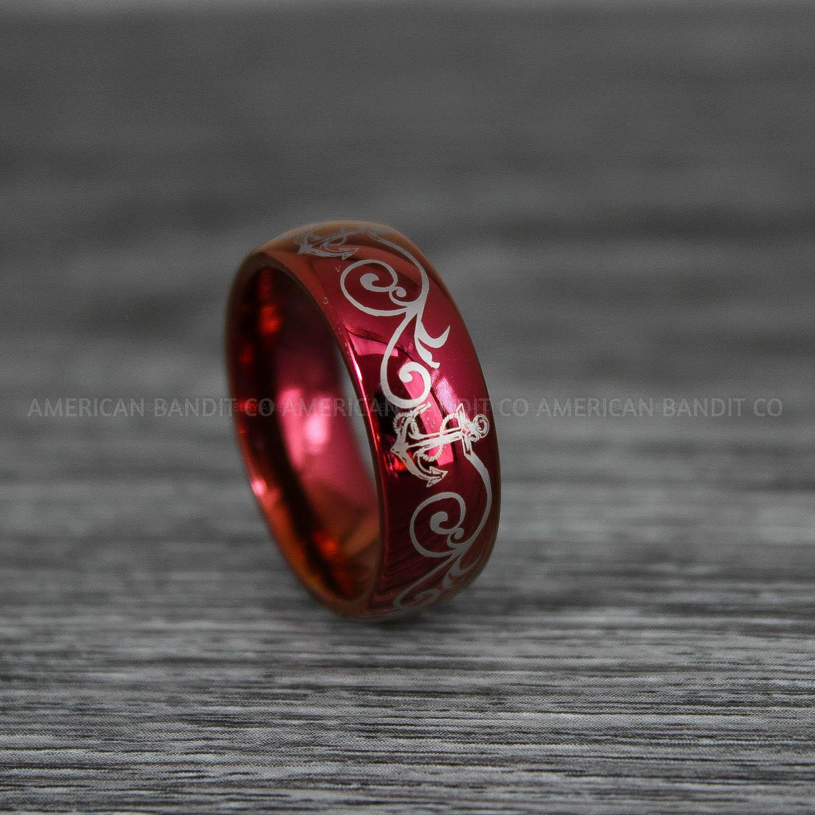 IMG_9212 Nautical Ring, Anchor Ring, Red Anchor Rings, Red Wedding Rings, Red Nautical Rings, Black Wedding Bands, Red Anchor Tungsten Ring - Image 1