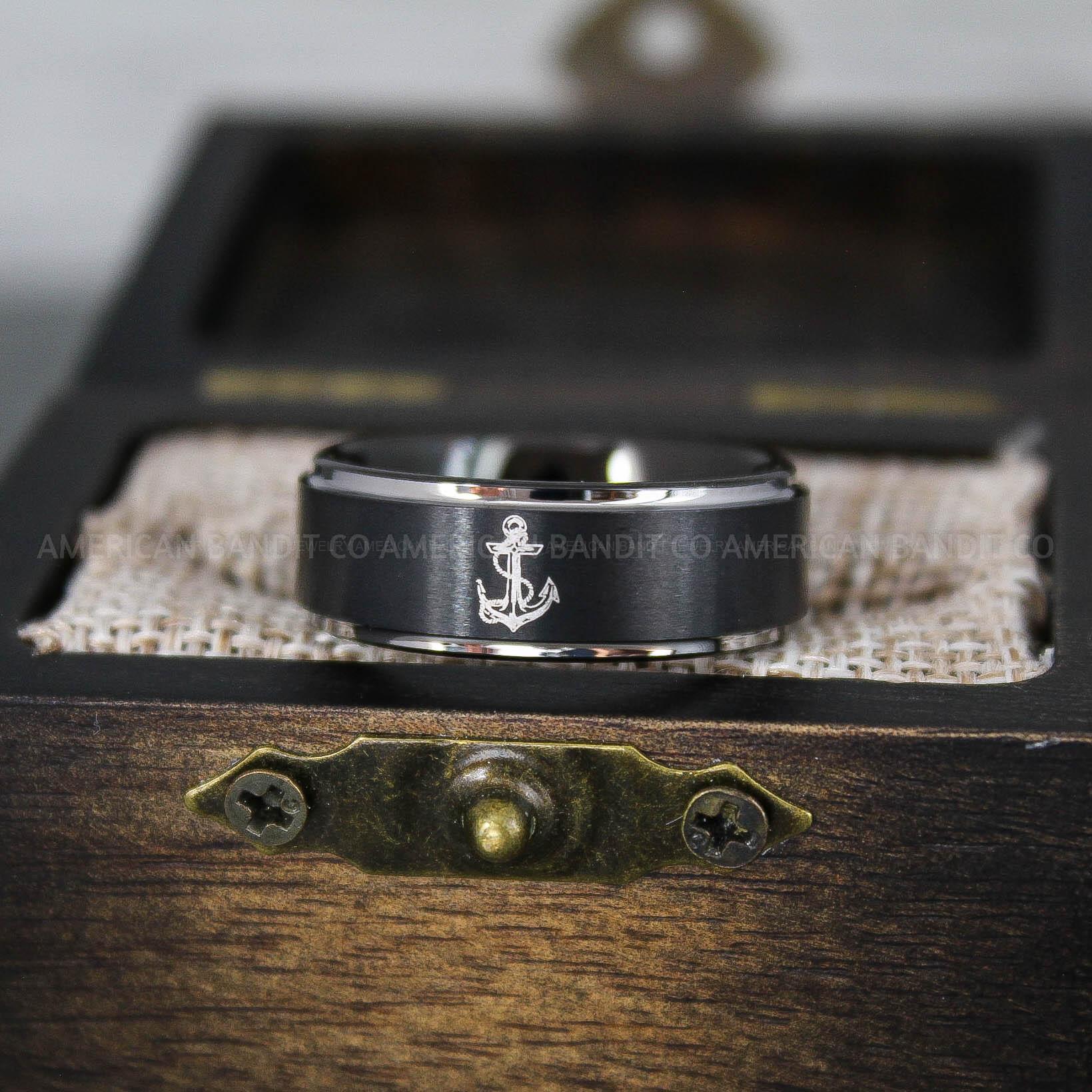 IMG_9226 Nautical Ring, Anchor Ring, Black Anchor Ring, Black Wedding Ring, Black Nautical Ring, Black Wedding Band, Black Anchor Tungsten Ring - Image 1