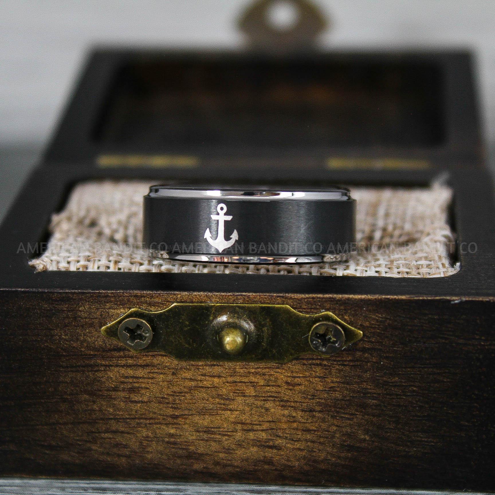 IMG_9231 Nautical Ring, Anchor Ring, Black Anchor Ring, Black Wedding Ring, Black Nautical Ring, Black Wedding Band, Black Anchor Tungsten Ring - Image 1