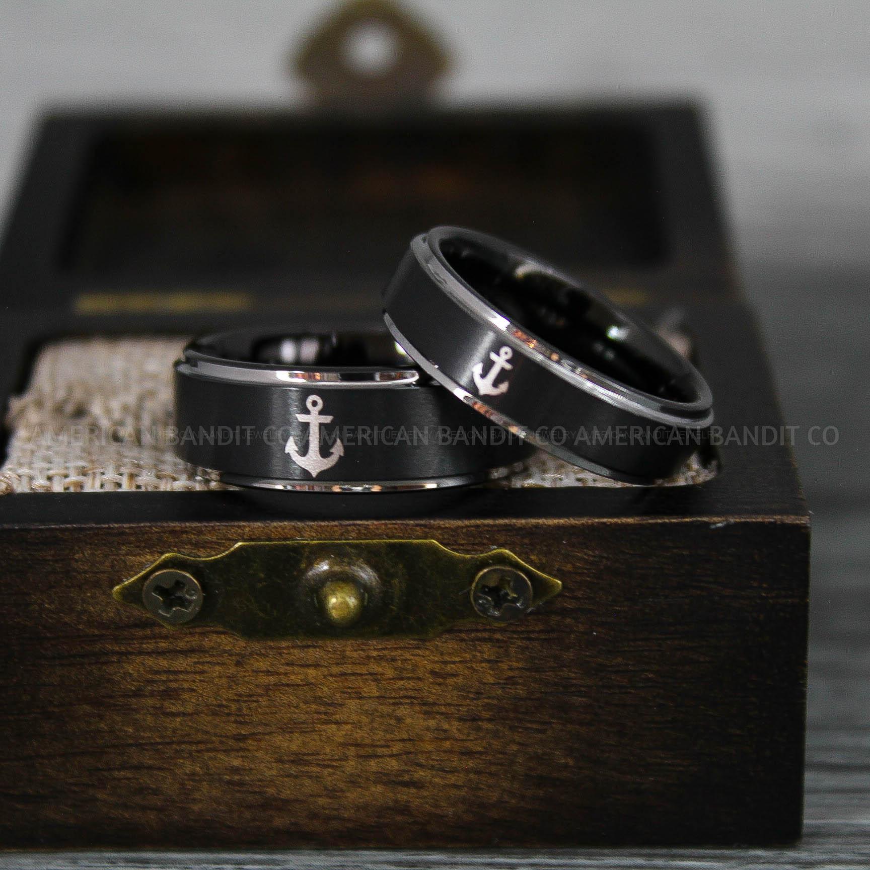 IMG_9234 Nautical Ring, Anchor Ring, Black Anchor Rings, Black Wedding Rings, Black Nautical Rings, Black Wedding Bands, Black Anchor Tungsten Rings - Image 1