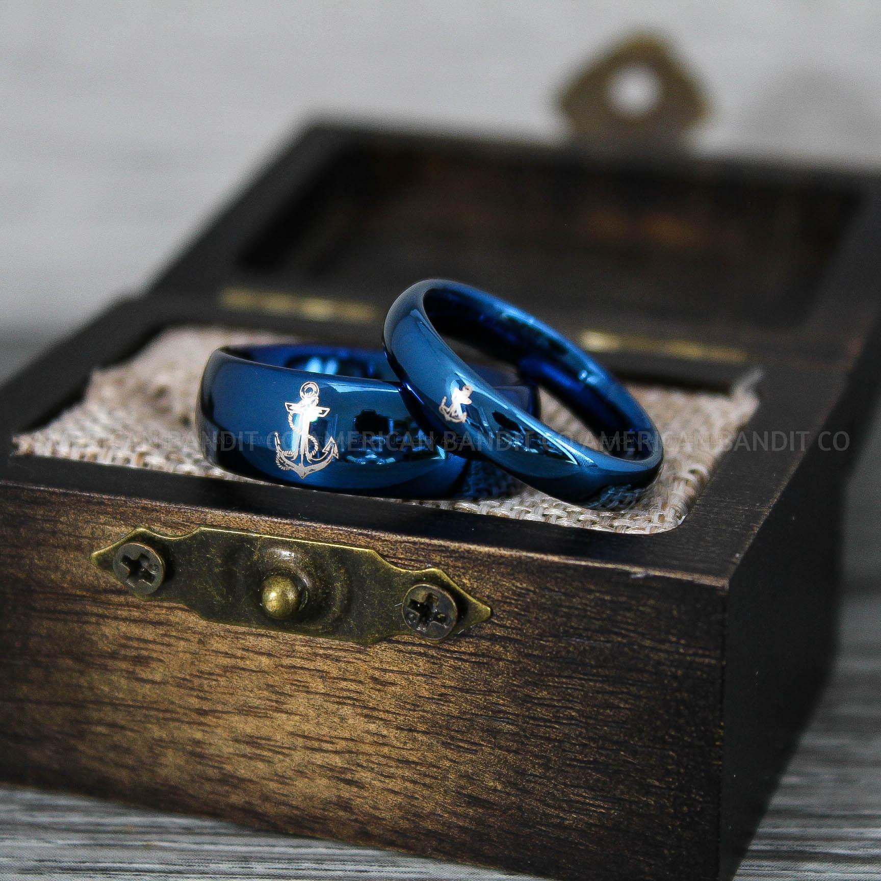 IMG_9244 Nautical Ring, Anchor Ring, Blue Anchor Rings, Blue Wedding Rings, Blue Nautical Rings, Blue Wedding Bands, Blue Anchor Tungsten Rings - Image 1