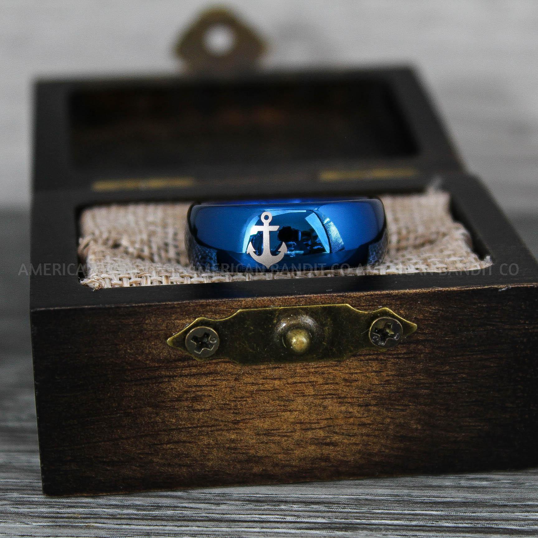 IMG_9250 Nautical Ring, Anchor Ring, Blue Anchor Rings, Blue Wedding Rings, Blue Nautical Rings, Blue Wedding Bands, Blue Anchor Tungsten Rings - Image 1