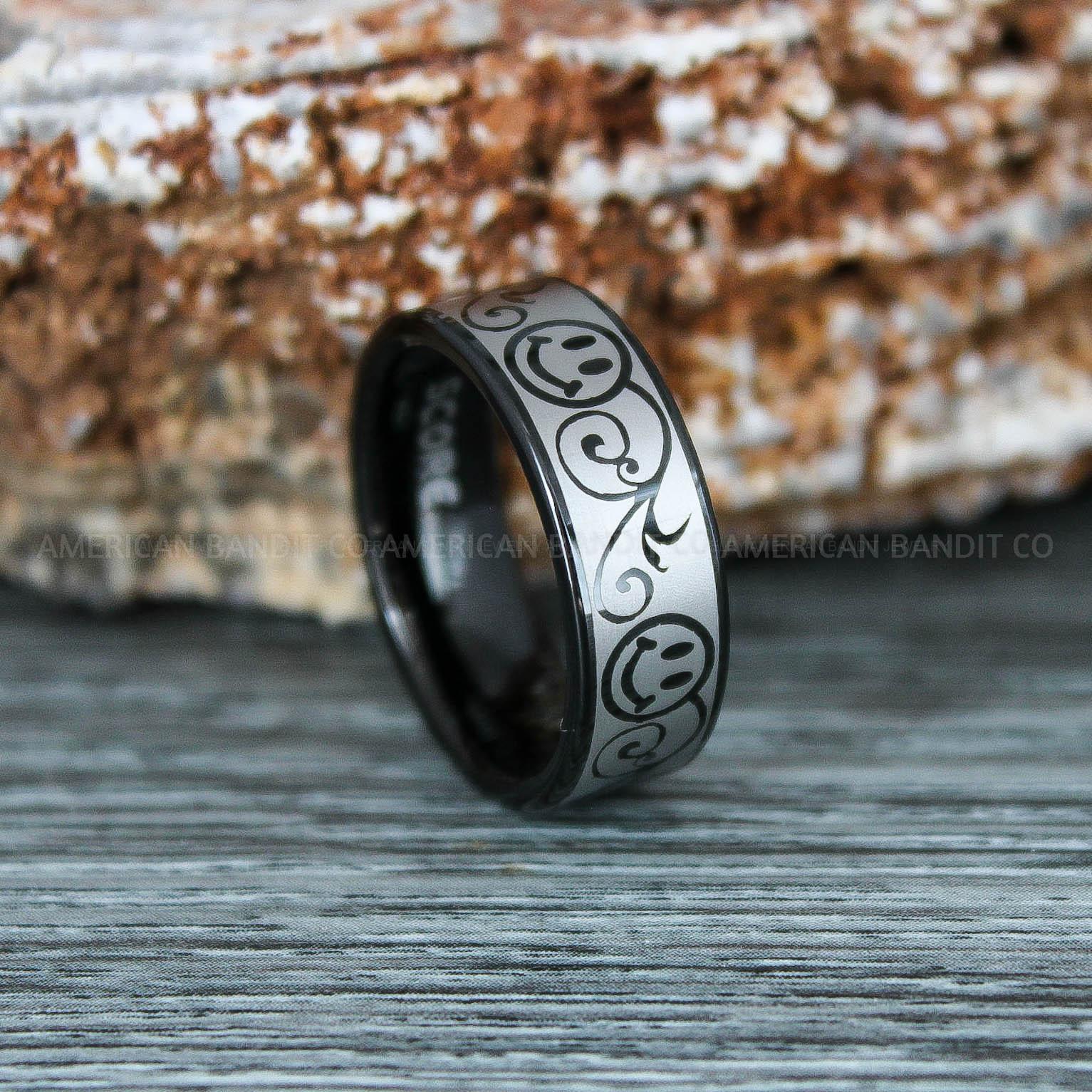 IMG_9290 Smiley Face Ring, Black Wedding Ring, Black Wedding Band, Smiley Face Jewelry - Image 1