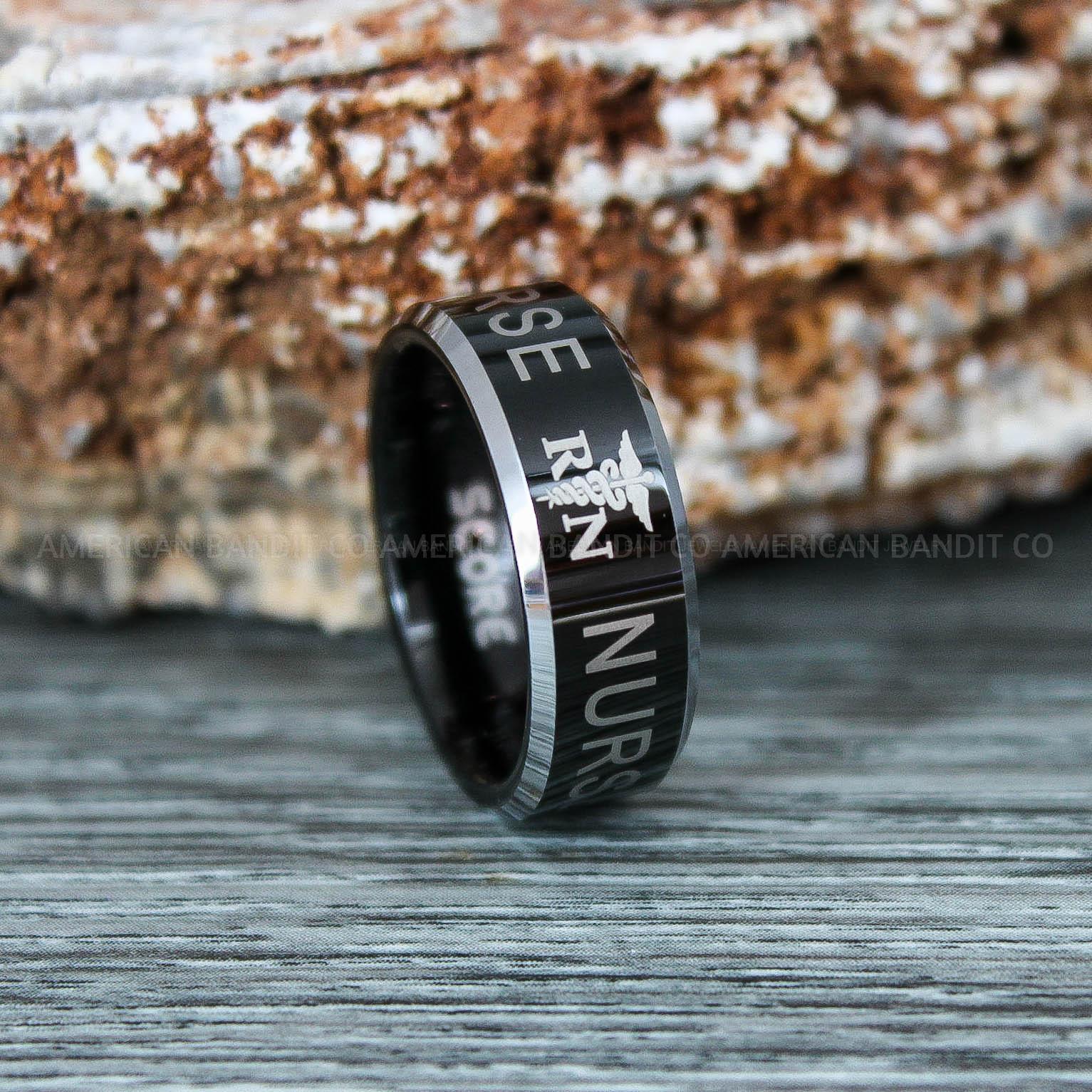 IMG_9286 Nurse Ring, Registered Nurses Ring, RN Nurse Wedding Band, RN Nurse Jewelry, Nurse Jewelry, Black Wedding Band - Image 1