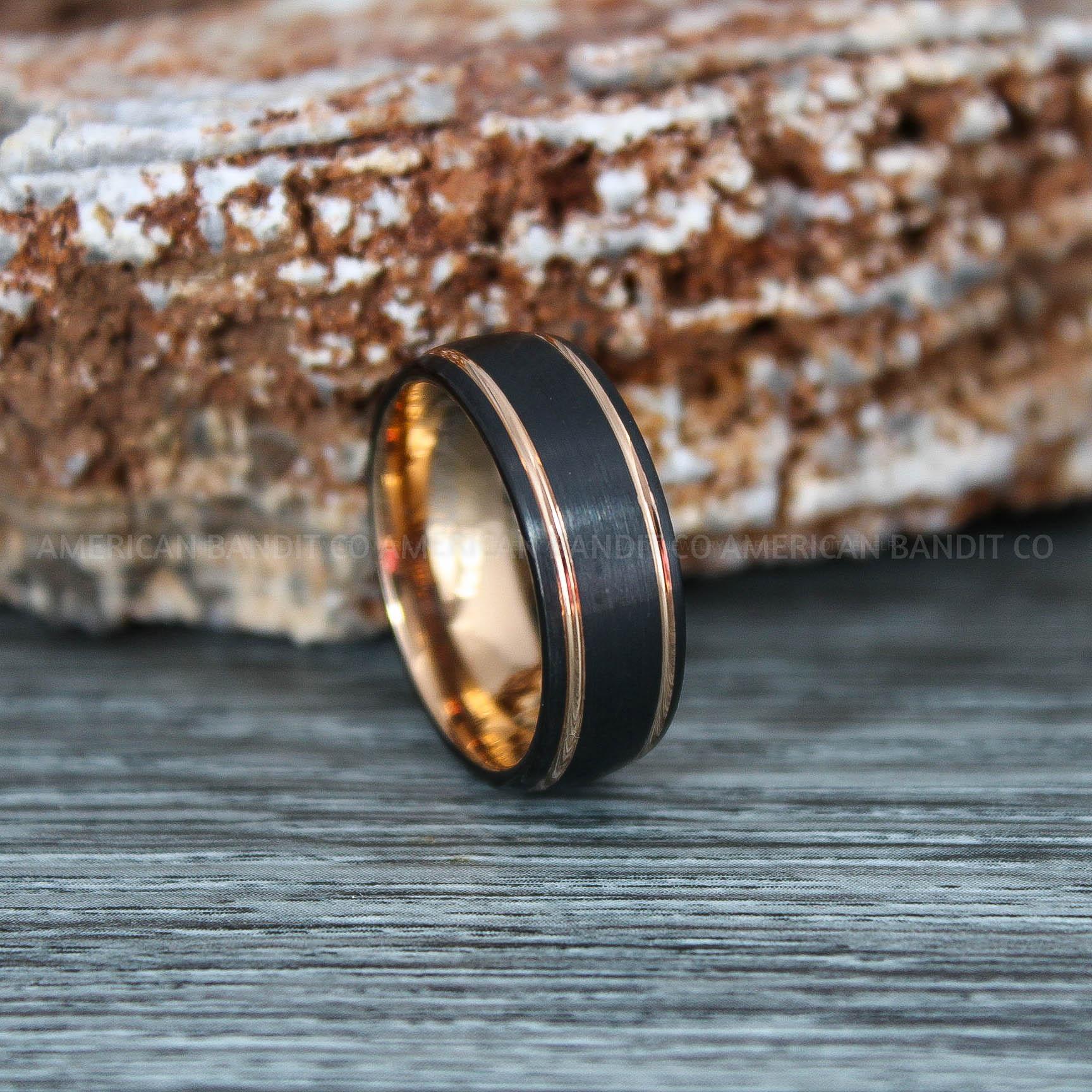 IMG_9320 Black Wedding Band, Black Wedding Ring, Black Ring, Black Tungsten Wedding Ring with Rose Gold Grooves - Image 1