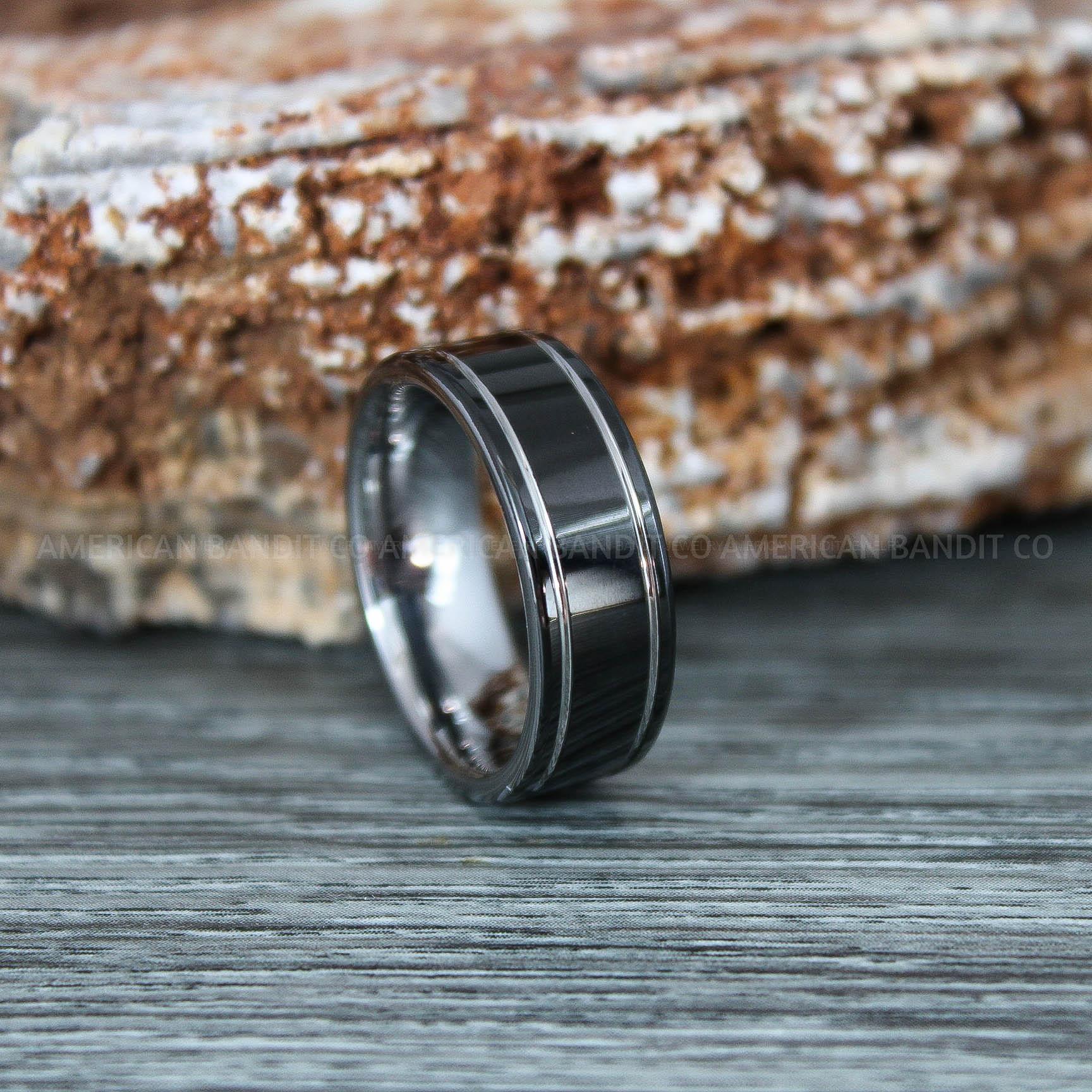 IMG_9322 Black Wedding Band, Black Wedding Ring, Black Ring, Black Tungsten Wedding Ring with Silver Grooves - Image 1