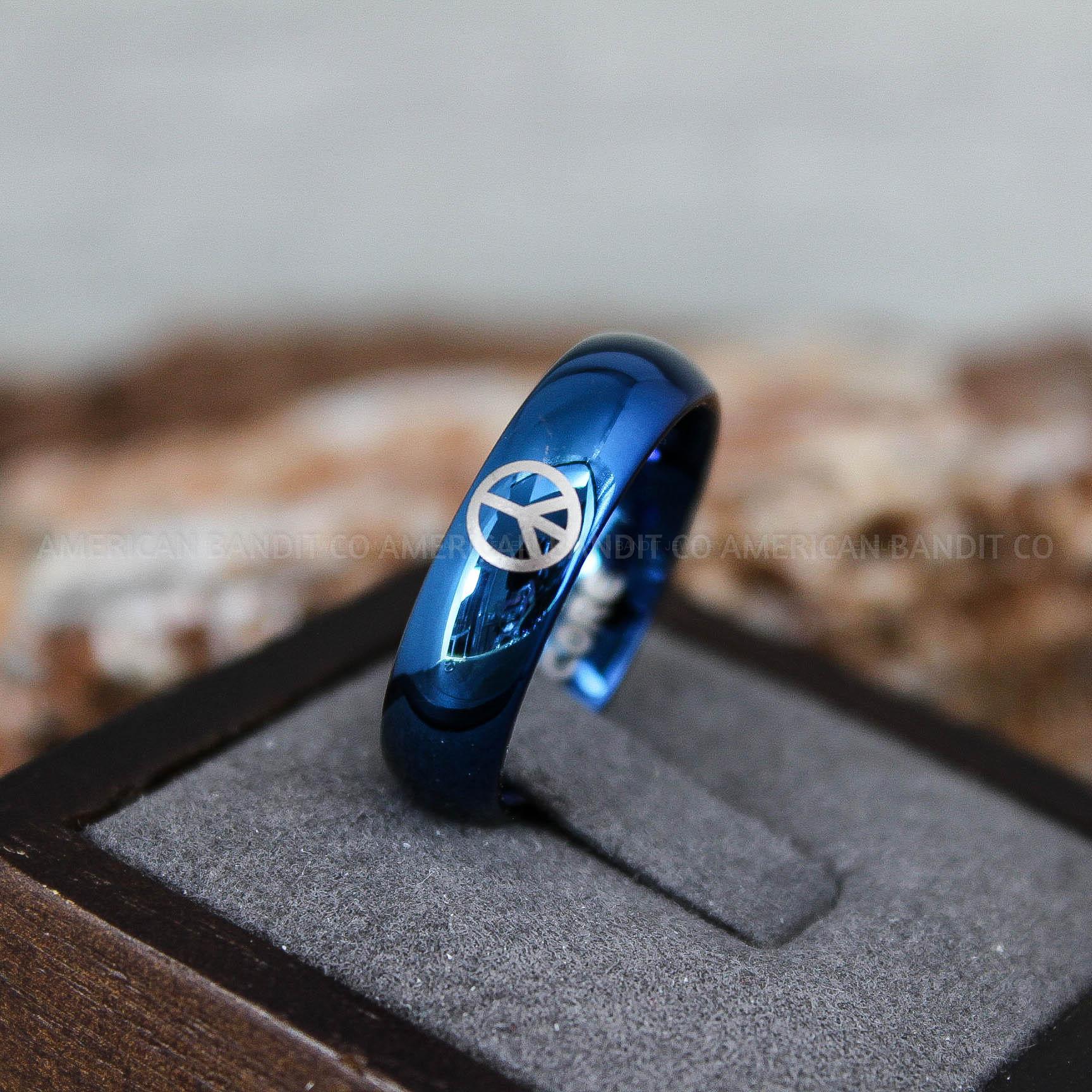 IMG_9340 Peace Ring, Blue Wedding Ring, Blue Wedding Band, Peace Jewelry, Peace Sign Wedding Ring - Image 1