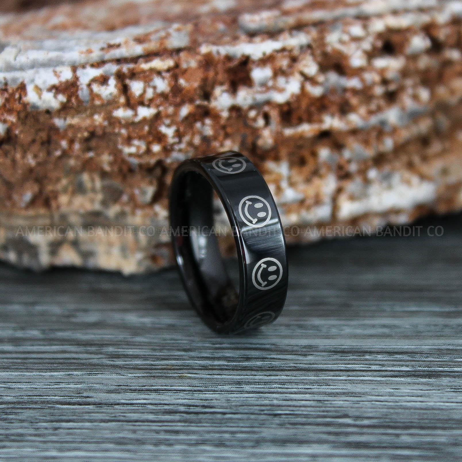 IMG_9345 Smiley Face Ring, Black Wedding Ring, Black Wedding Band, Smiley Face Jewelry - Image 1