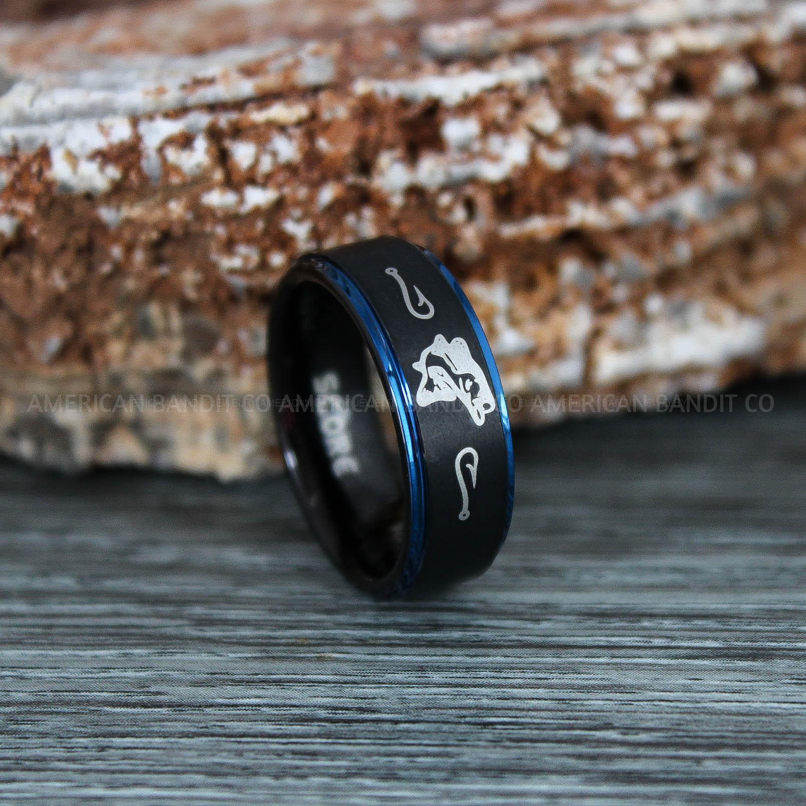 IMG_9346 Bass Fish Ring, Bass Jewelry, Fishing Ring, 8mm Black Tungsten Ring, Bass Fish Ring, Hunting Ring, Fish Hooks Ring - Image 1