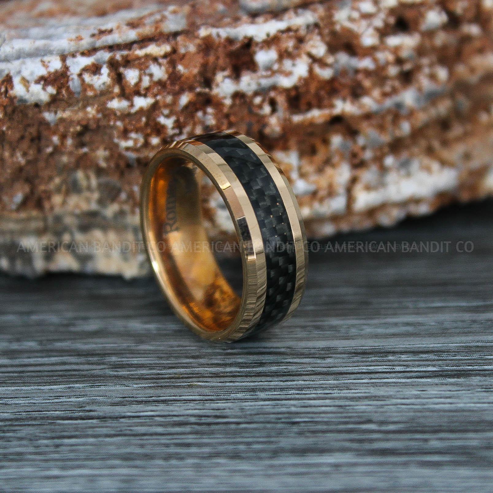 IMG_9352 Rose Gold Wedding Rings, Rose Gold Wedding Bands, Rose Gold Rings with Black Carbon Fiber Inlay - Image 1