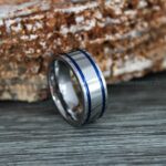 Silver Wedding Band, Silver Wedding Ring, Silver Ring, Silver Tungsten Wedding Ring with Blue Grooves