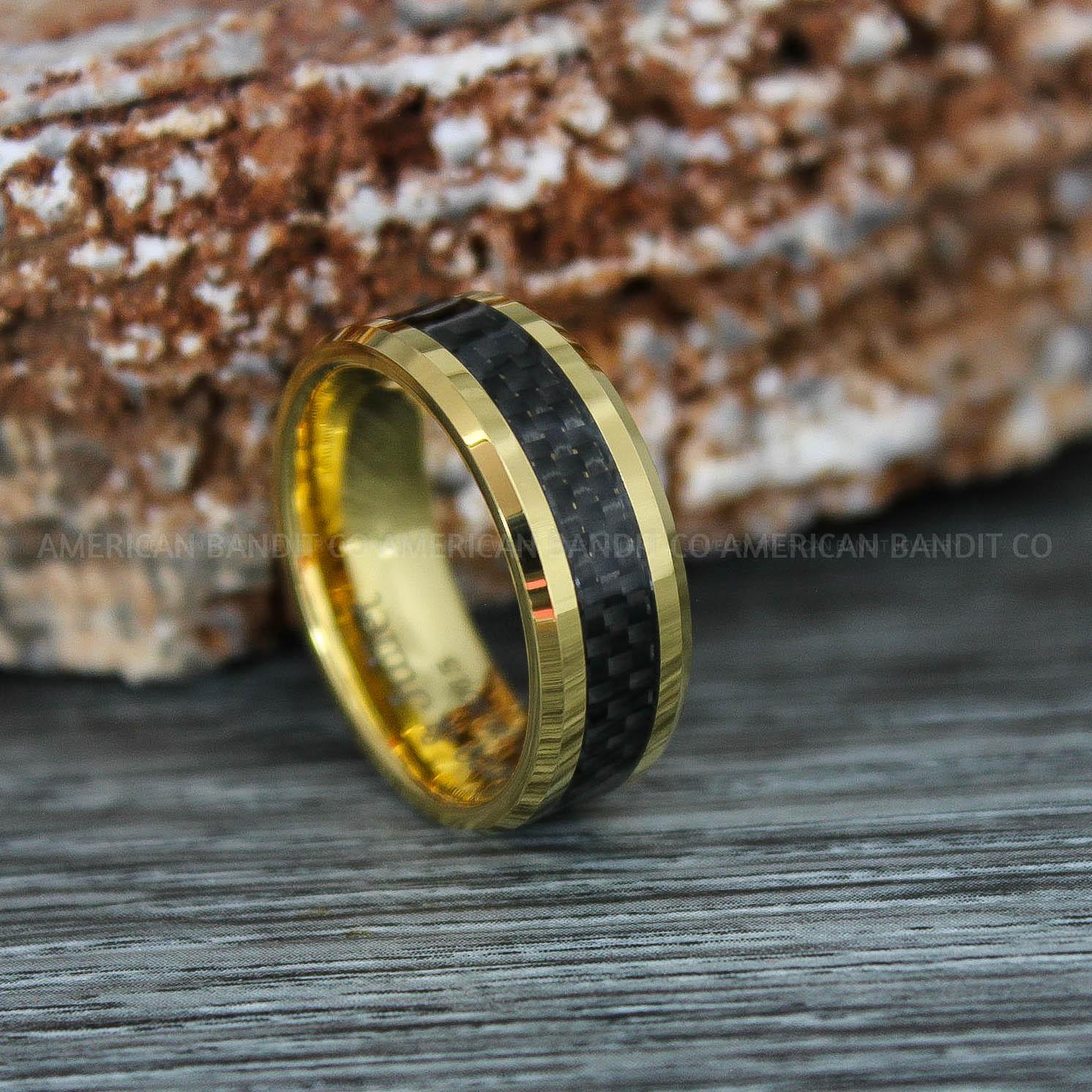 IMG_9376 Yellow Gold Wedding Rings, Yellow Gold Wedding Bands, Yellow Gold Rings with Black Carbon Fiber Inlay - Image 1