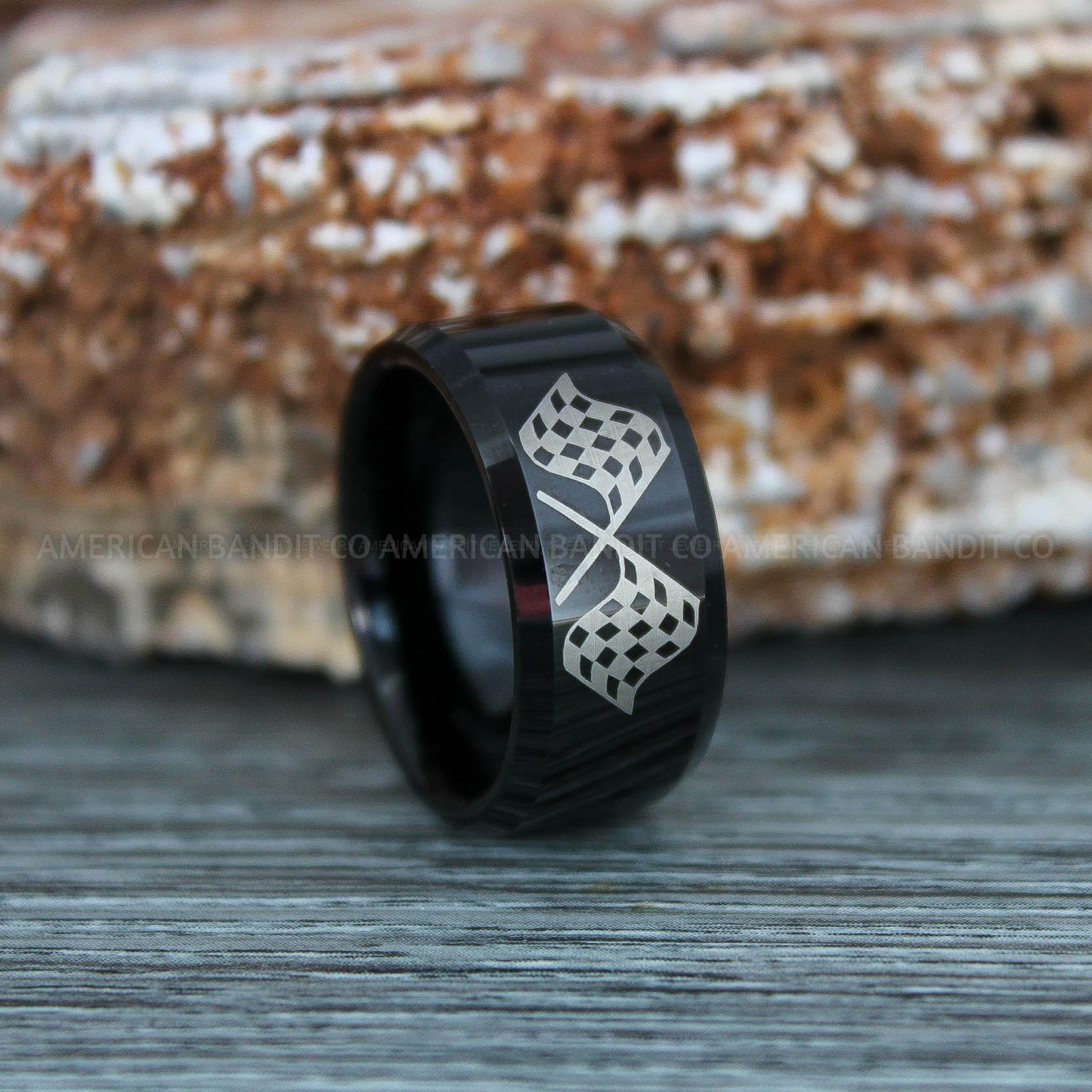 IMG_9377 Checkered Flag Rings, Motor Sports Jewelry, Auto Racing Rings, Car Racing Rings, Checkered Flag Pattern Wedding Band - Image 1