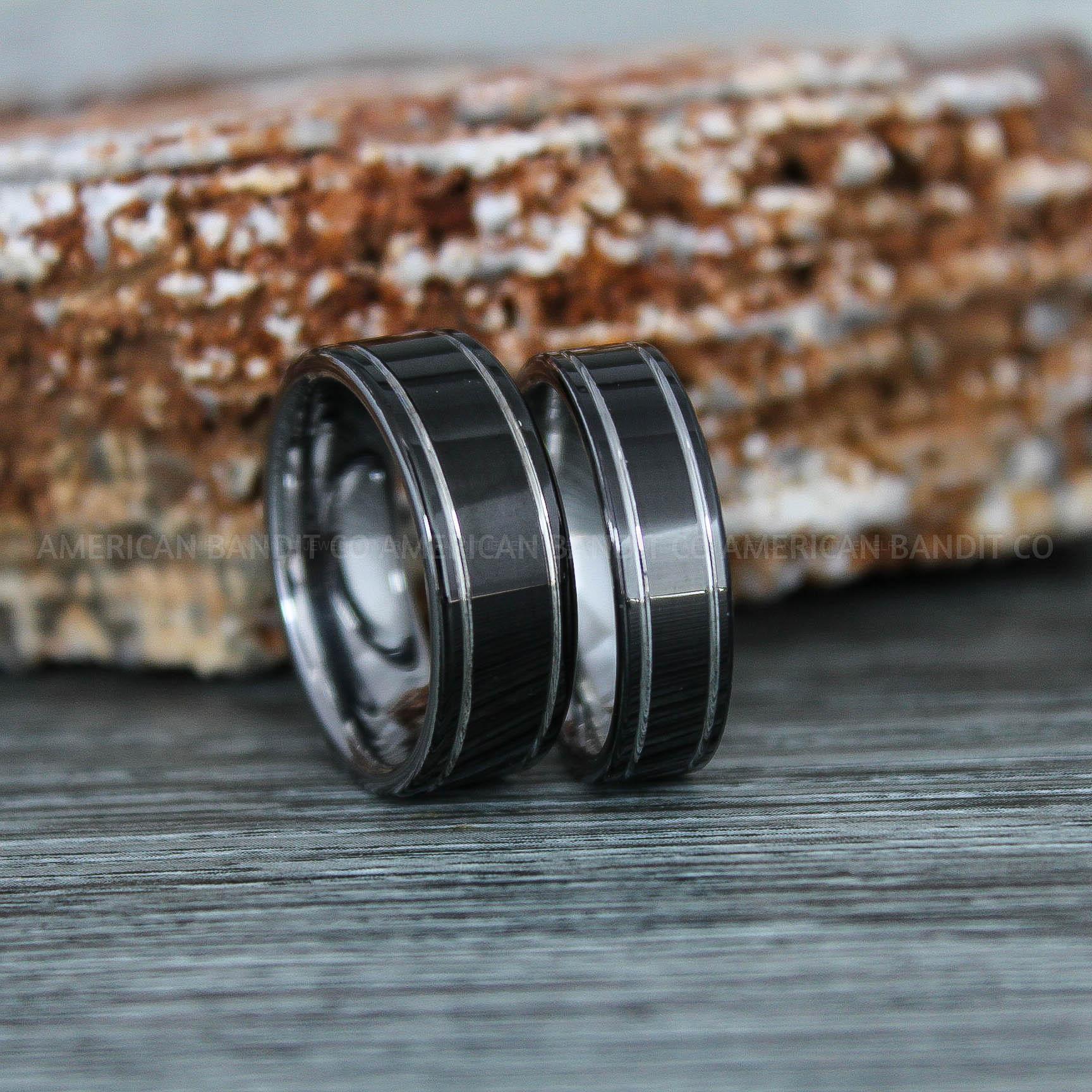 IMG_9392 Black Wedding Bands, Black Wedding Rings, Black Rings, Black Tungsten Wedding Rings with Silver Grooves - Image 1