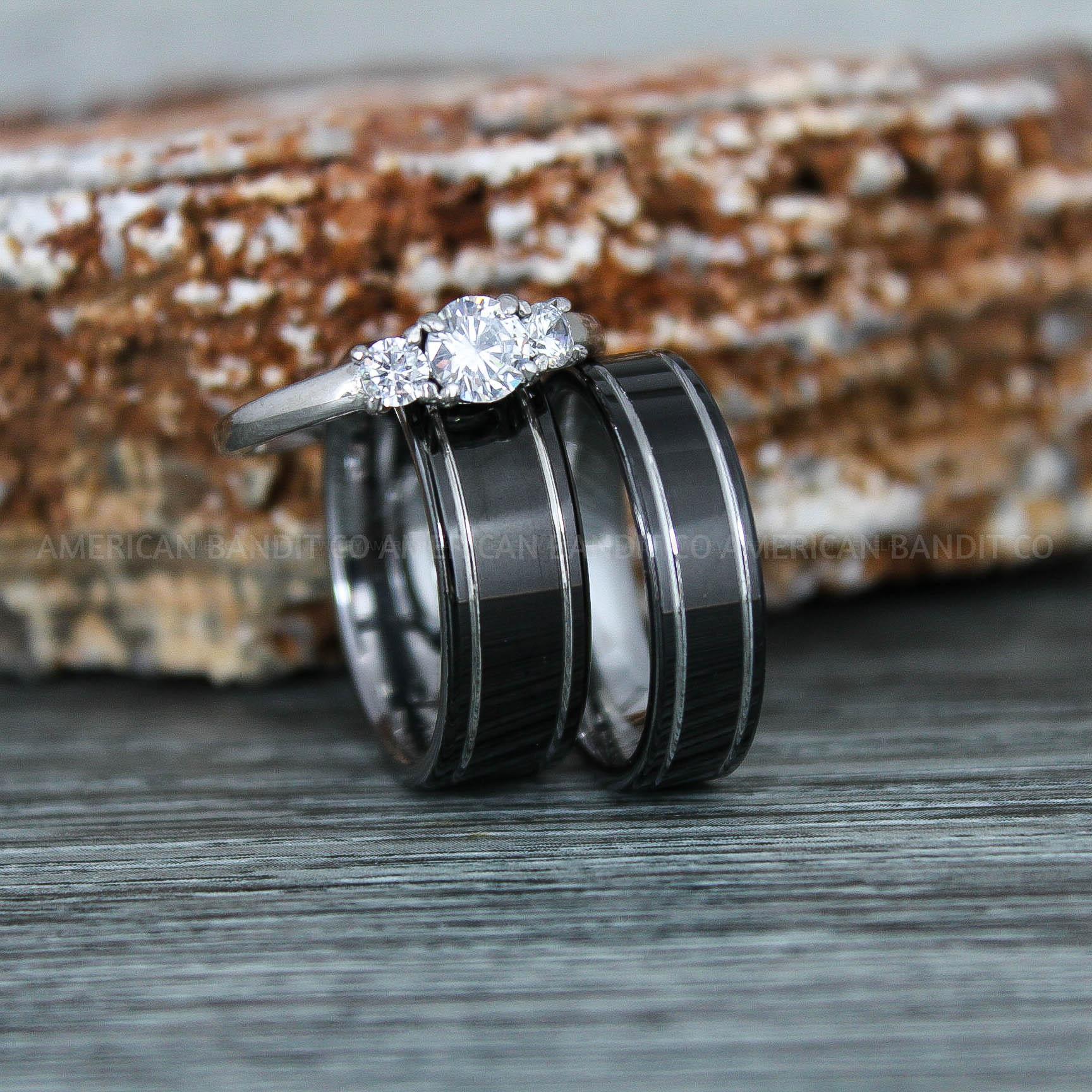 IMG_9393 Black Wedding Bands, Black Wedding Rings, Black Rings, Black Tungsten Wedding Rings with Silver Grooves - Image 1