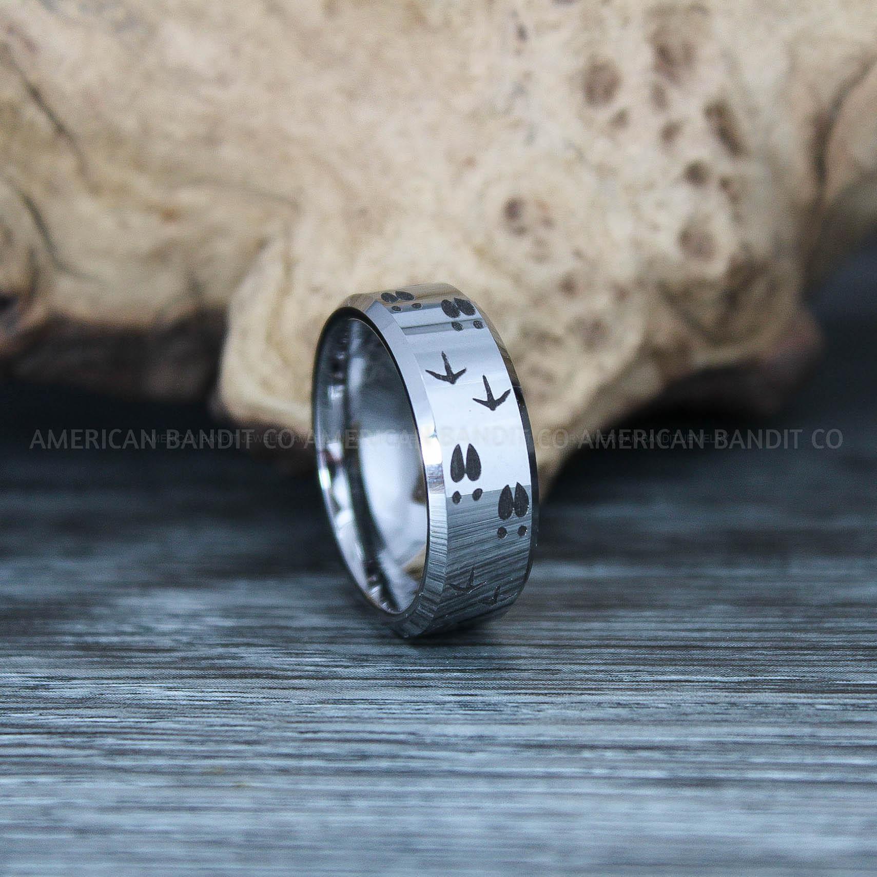 IMG_9411 Wild Turkey Ring, Deer Tracks Ring, Turkey Hunting Ring, Silver Tungsten Ring, Silver Wedding Band, Hunting Ring, Turkey Tracks Wedding Band, Turkey Tracks Ring - Image 1