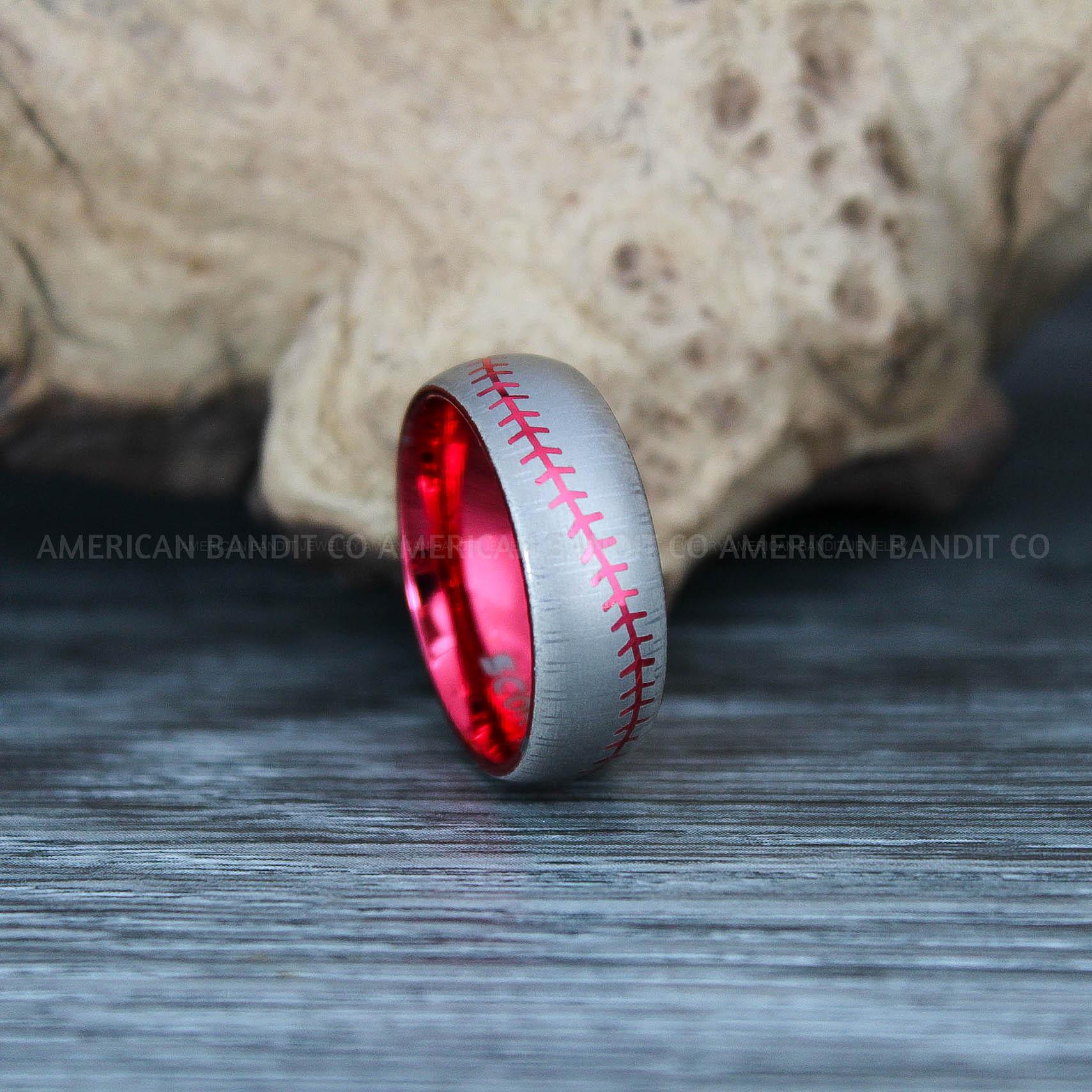 IMG_9418 Baseball Ring, Baseball Wedding Ring, Baseball Wedding Bands, Red Baseball Ring, Red Wedding Bands, Red Baseball Wedding Bands, Baseball Jewelry - Image 1
