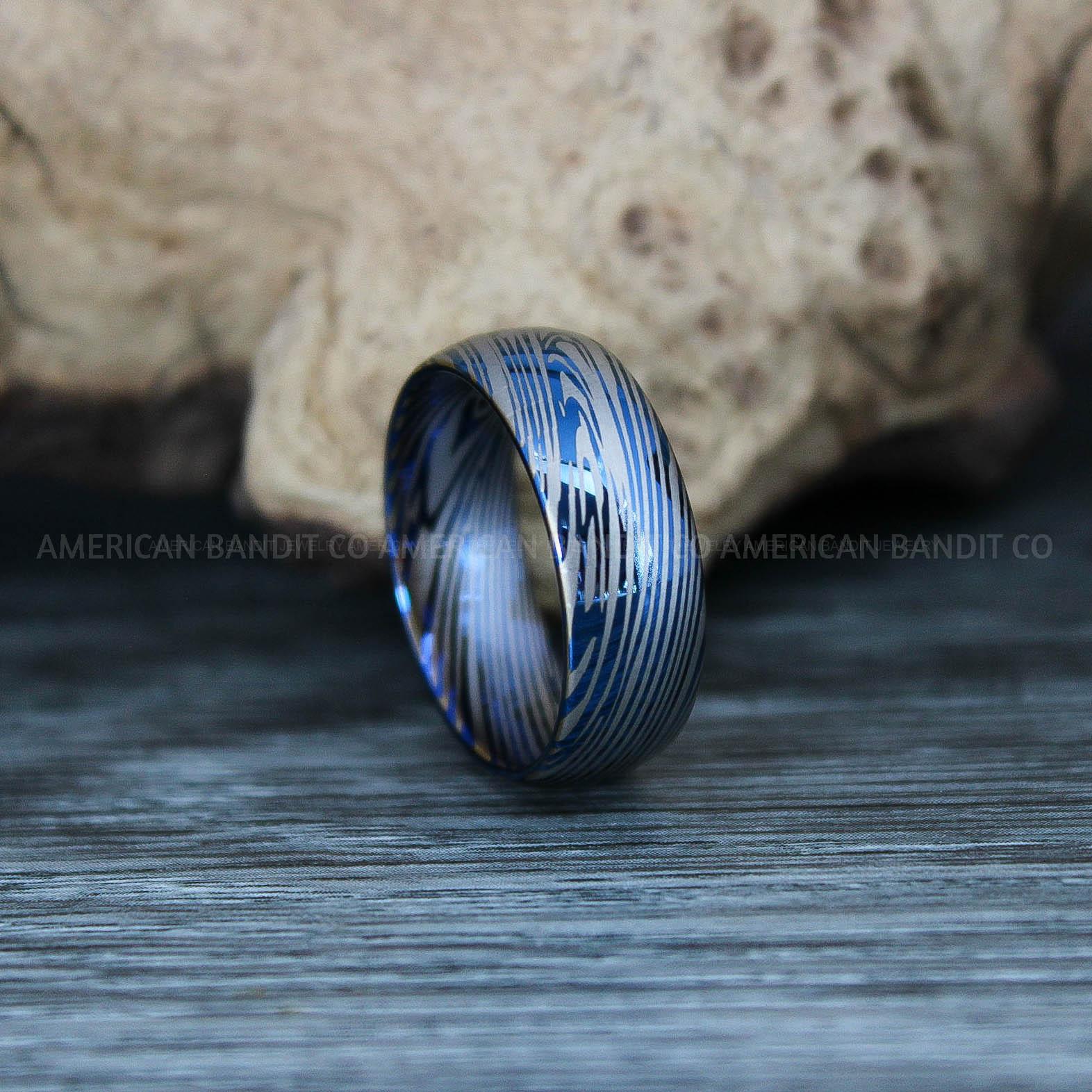 IMG_9419 Damascus Steel Rings, Damascus Steel Wedding Rings, Damascus Steel Wedding Bands, Blue Wedding Ring, Blue Damascus Steel Wedding Ring - Image 1