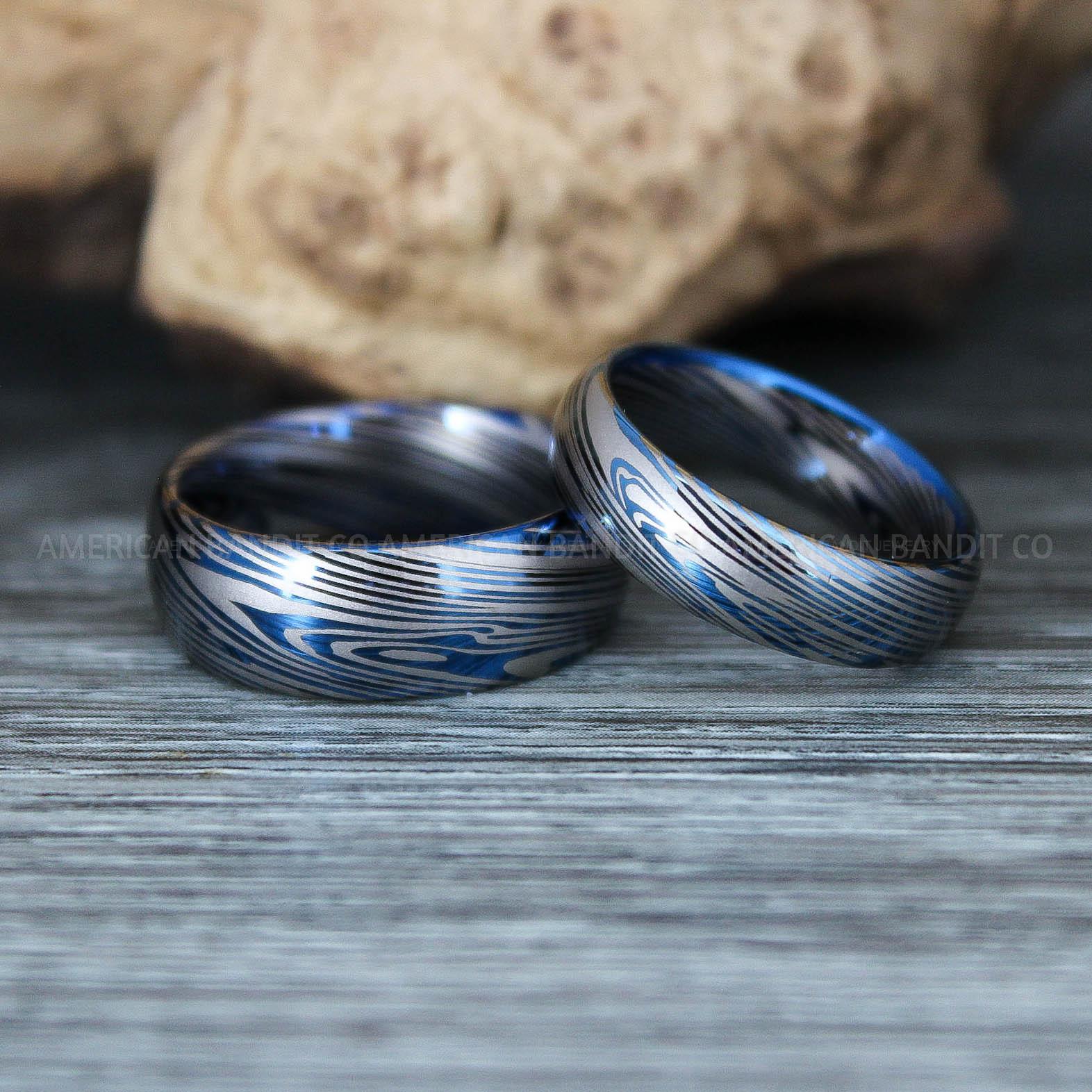 IMG_9421 Damascus Steel Rings, Damascus Steel Wedding Rings, Damascus Steel Wedding Bands, Blue Wedding Ring, Blue Damascus Steel Wedding Ring - Image 1
