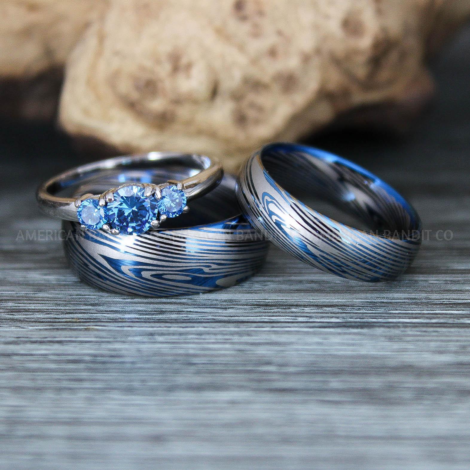 IMG_9422 Damascus Steel Rings, Damascus Steel Wedding Rings, Damascus Steel Wedding Bands, Blue Wedding Ring, Blue Damascus Steel Wedding Ring - Image 1