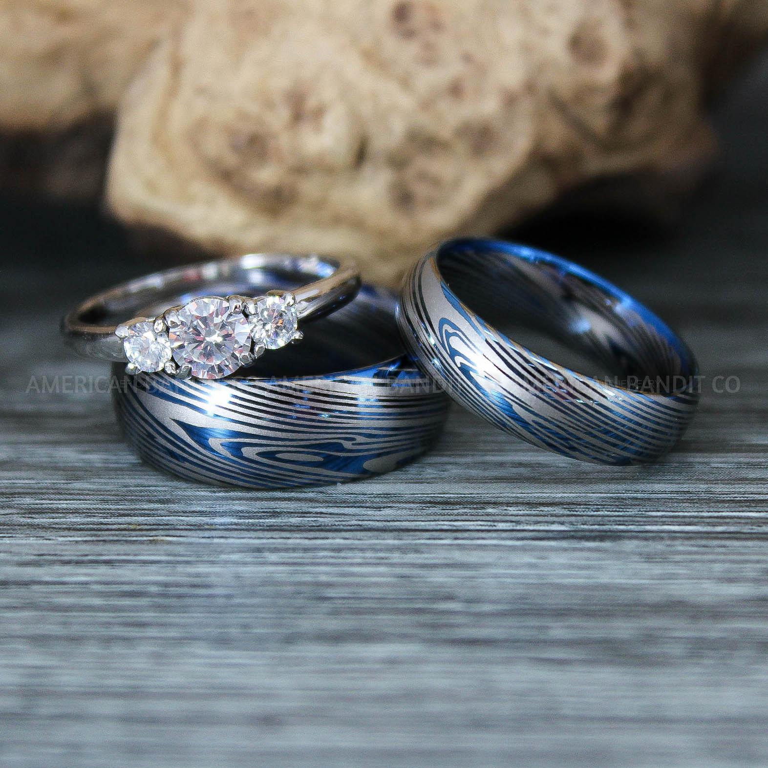 IMG_9423 Damascus Steel Rings, Damascus Steel Wedding Rings, Damascus Steel Wedding Bands, Blue Wedding Ring, Blue Damascus Steel Wedding Ring - Image 1