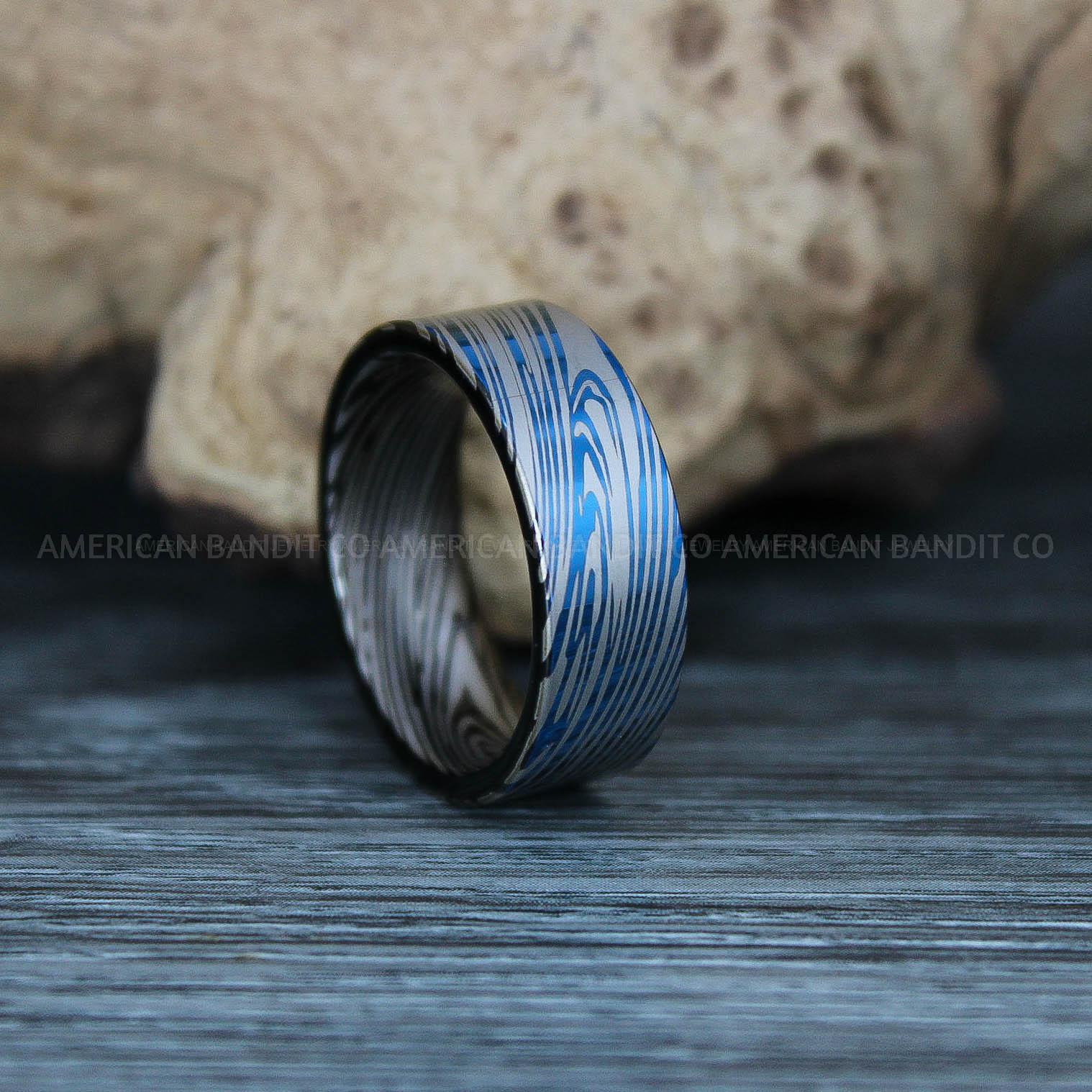 IMG_9444 Damascus Steel Rings, Damascus Steel Wedding Rings, Damascus Steel Wedding Bands, Blue Wedding Ring, Blue Damascus Steel Wedding Ring - Image 1