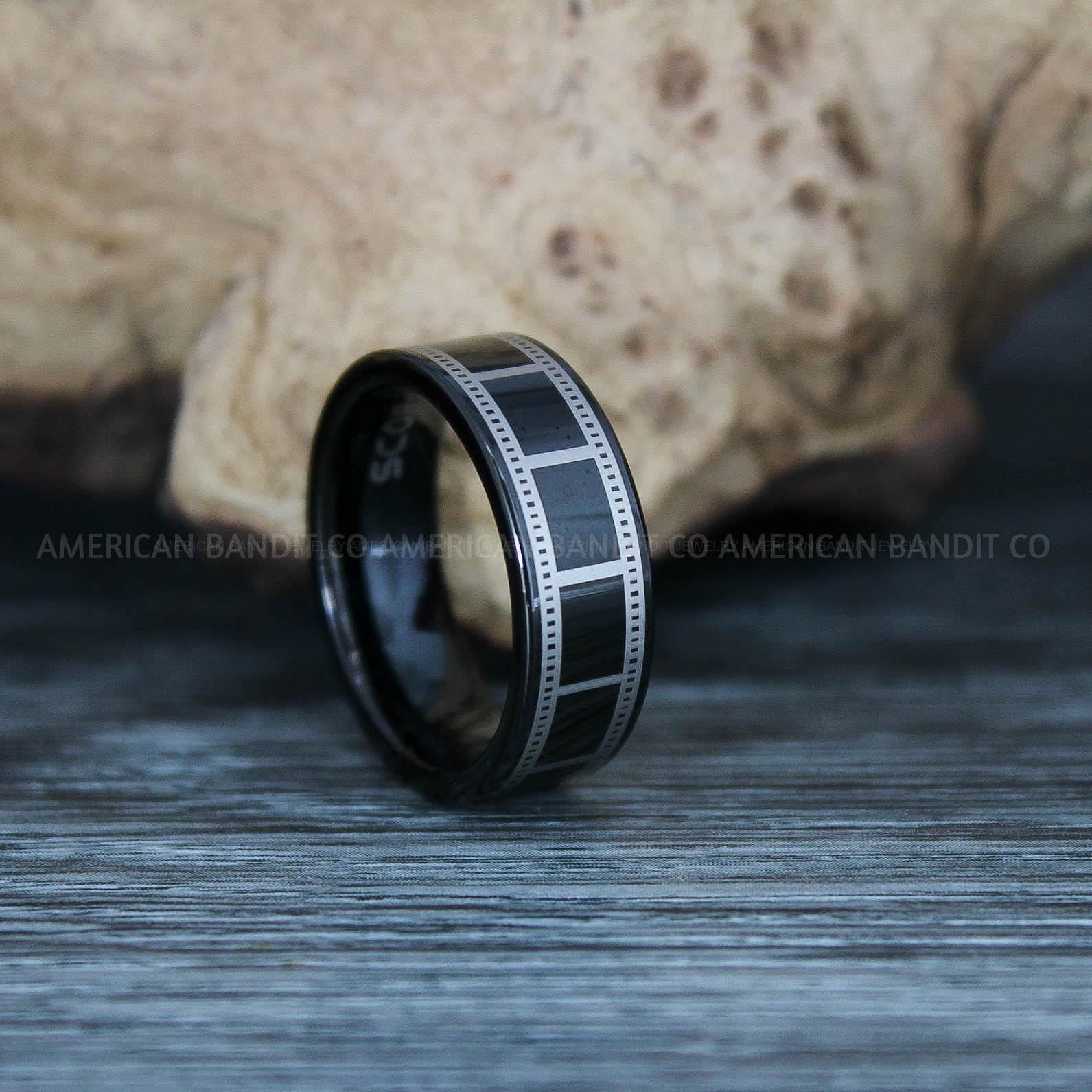 IMG_9484 Filmstrip Ring, Photography Ring, Camera Ring, Lens Ring, Camera Lens Ring, Black Ring, Black Tungsten Wedding Band, Black Wedding Band - Image 1