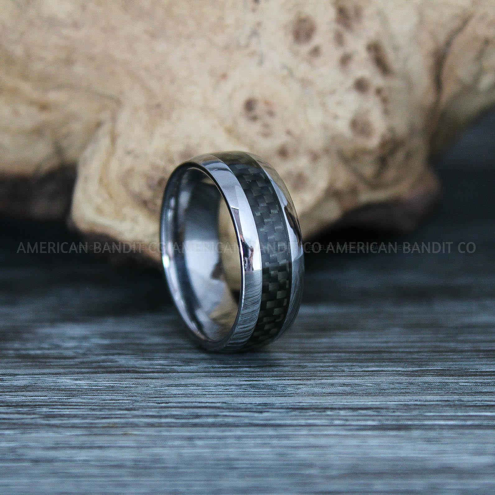 IMG_9497 Silver Wedding Ring, Silver Wedding Band, Silver Ring with Black Carbon Fiber Inlay - Image 1