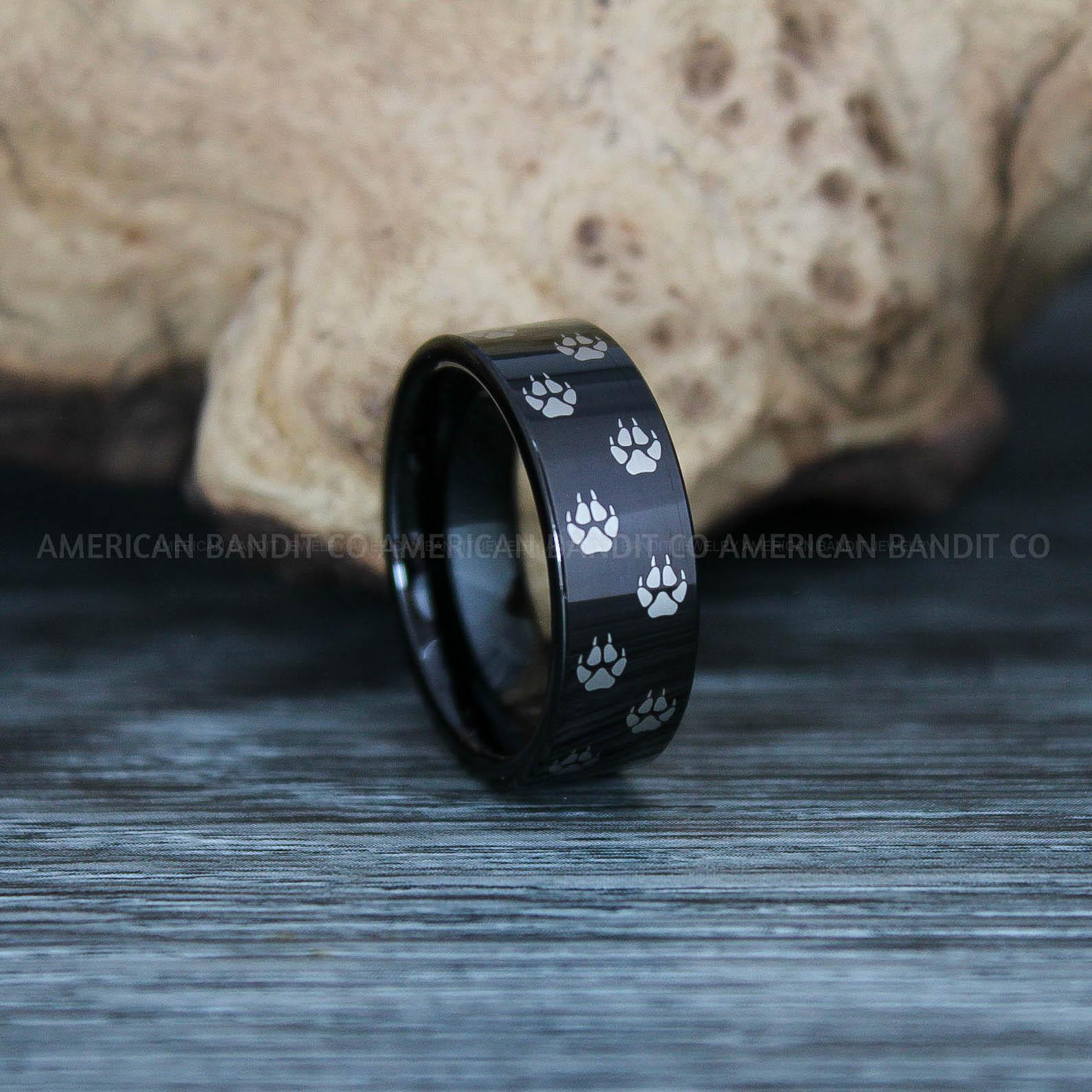 IMG_9500 Lion Ring, Lion Tracks Ring, Black Tungsten Ring, Black Wedding Band, Hunting Ring, Lion Tracks Wedding Band - Image 1