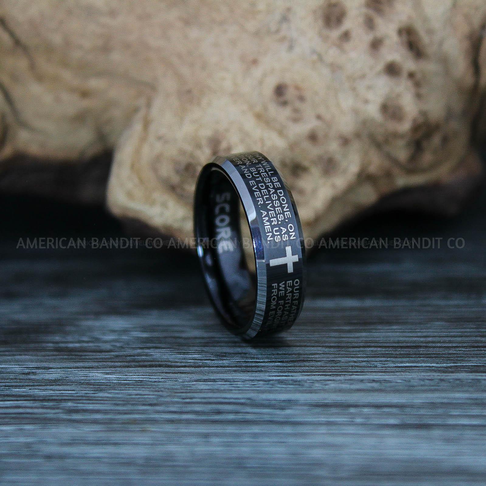 IMG_9541 Christian Cross Ring, The Lord Prayer Ring, Religion Ring, Black Tungsten Couple Ring, Christian Cross Jewelry - Image 1