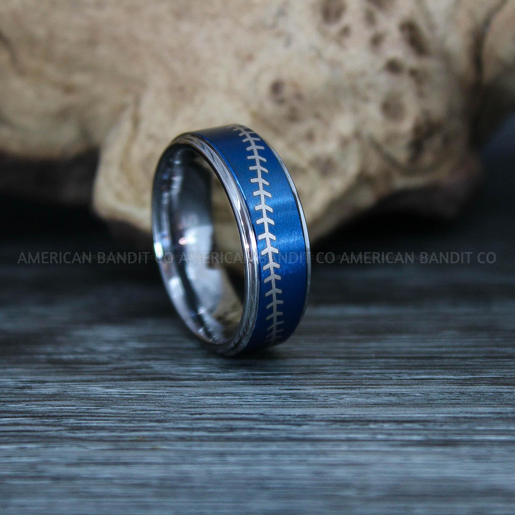 IMG_9592 Baseball Rings, Baseball Wedding Rings, Baseball Wedding Bands, Blue Baseball Rings, Blue Wedding Bands, Blue Baseball Wedding Bands, Baseball Jewelry - Image 1