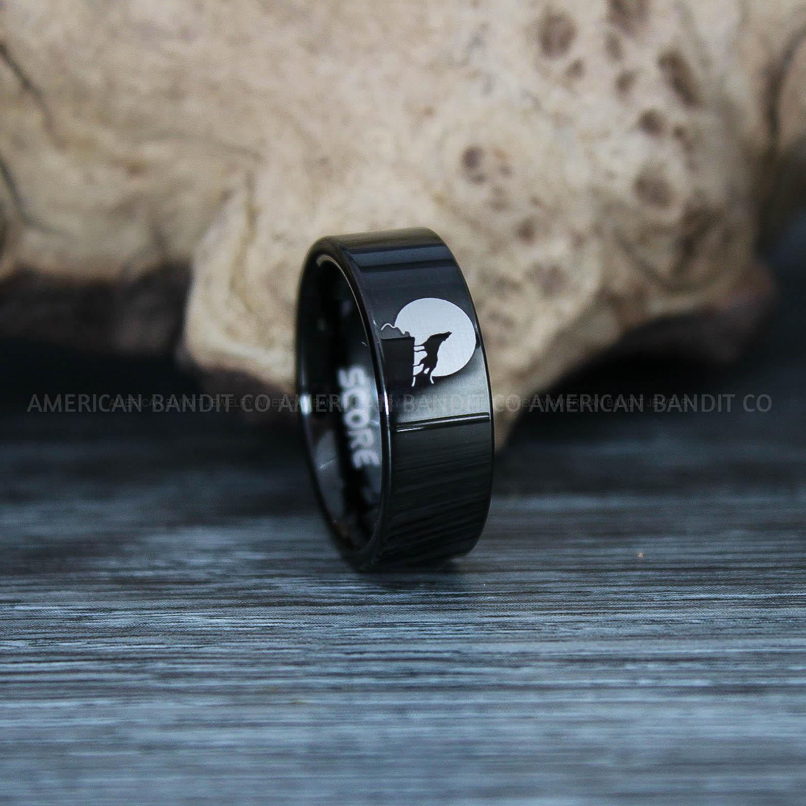 IMG_9615 Howling Wolves Ring, Wolf Ring, Black Ring, Black Tungsten Ring, Wolves Ring, Wolf Howl Ring, Black Wedding Bands - Image 1