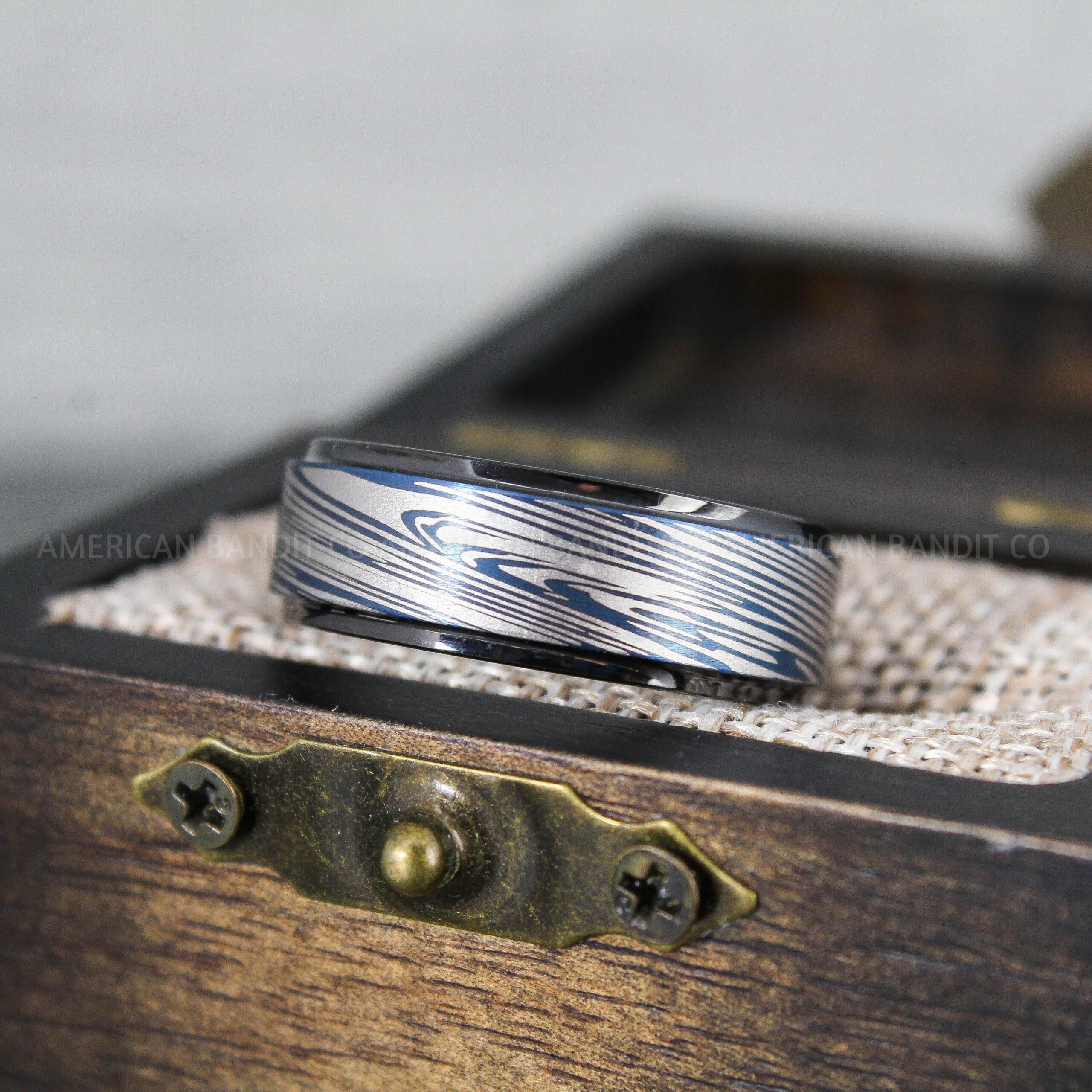 IMG_9633 Damascus Steel Rings, Damascus Steel Wedding Rings, Damascus Steel Wedding Bands, Blue Wedding Ring, Blue Damascus Steel Wedding Ring - Image 1