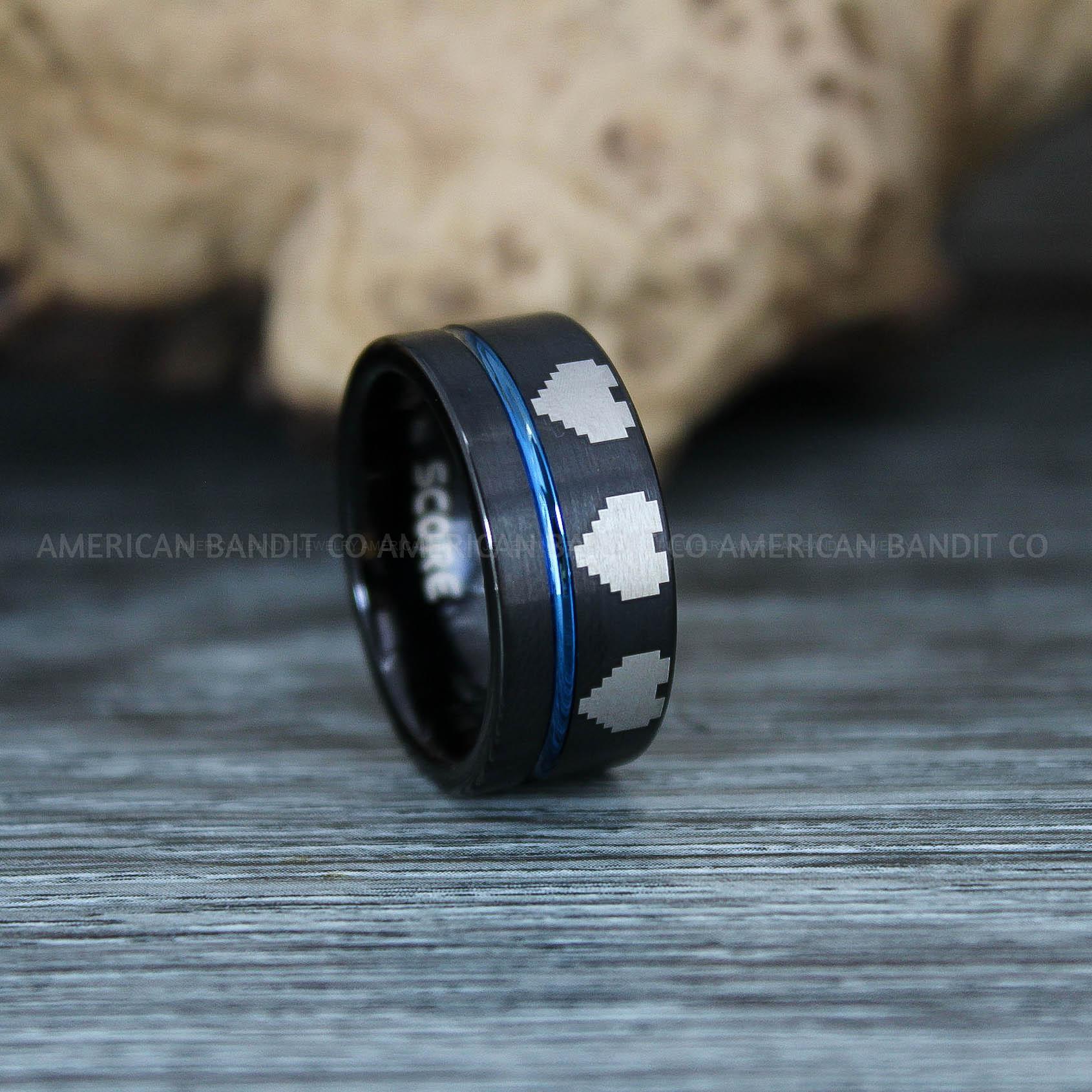 IMG_9670 8 Bit Hearts Ring, Gamer Ring, Gamer Wedding Band, Gamer Wedding Ring, Blue Wedding Band - Image 1