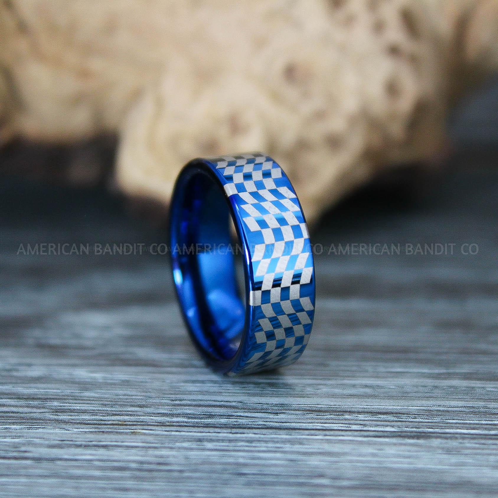 IMG_9713 Checkered Flag Rings, Motor Sports Jewelry, Auto Racing Rings, Car Racing Rings, Checkered Flag Pattern Wedding Band - Image 1