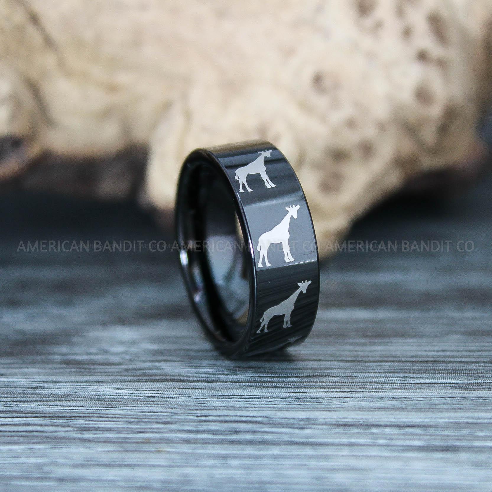 IMG_9789 Giraffe Ring, Black Giraffe Ring, Giraffe Tungsten Ring, Giraffe Jewelry, Africa Ring, Africa Jewelry, Black Tungsten Wedding Band - Image 1