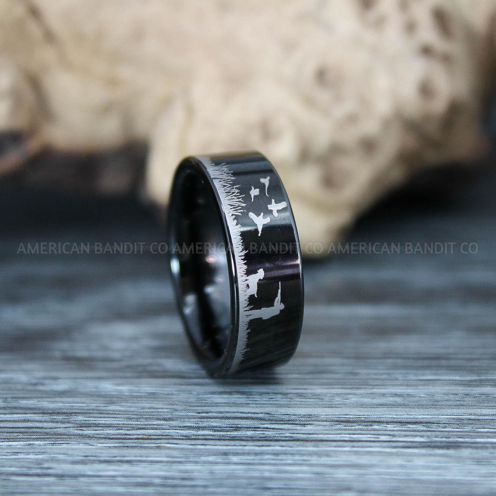 IMG_9794 Flying Pheasant Rings, Pheasant Wedding Rings, Pheasant Hunting Ring, Hunting Jewelry, Black Wedding Band, Duck Hunting Ring, Pheasant Hunting Black Pheasant Band - Image 1
