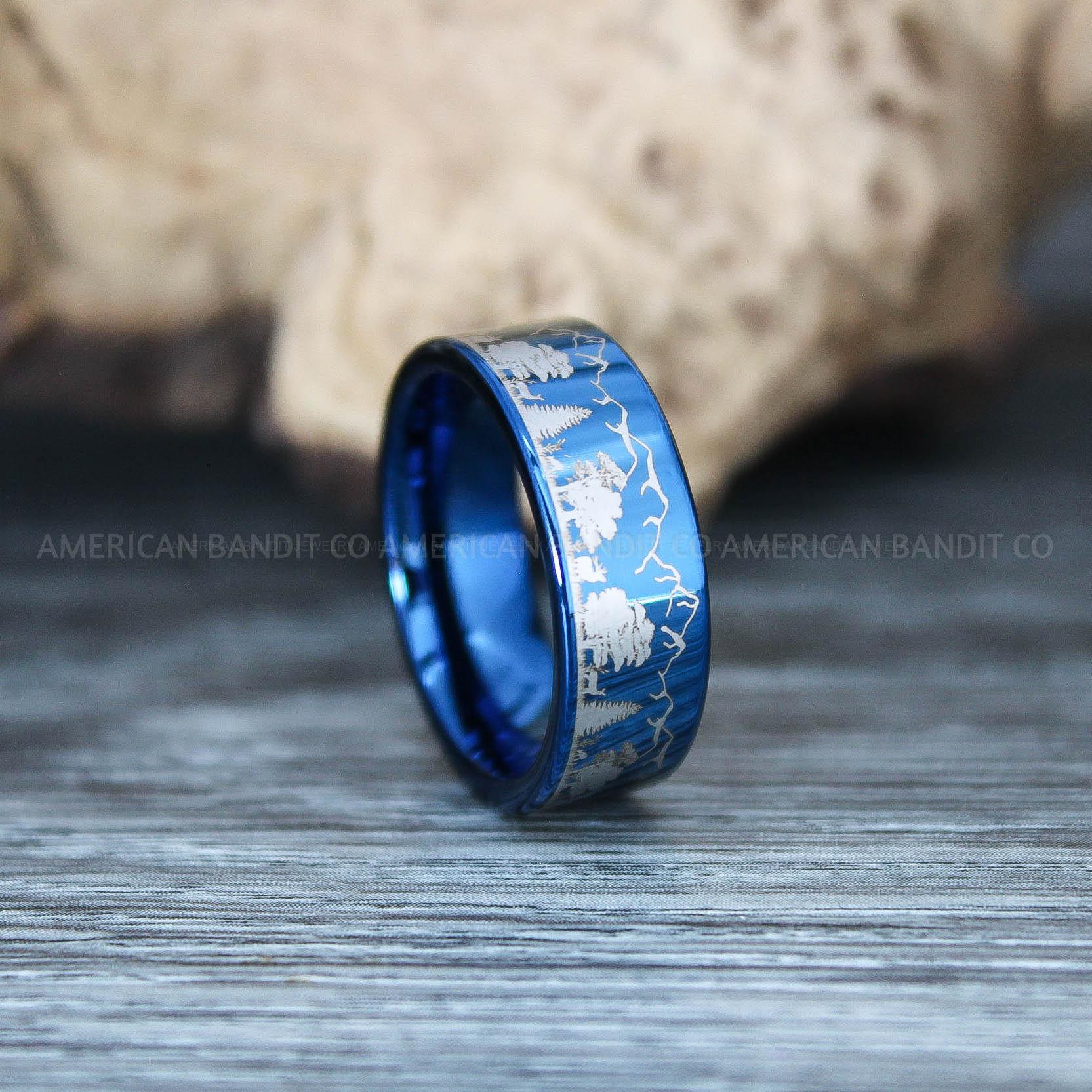 IMG_9795 Forest Ring, Mountain Range Ring, Mountains Scene Ring, Wolf Ring, Hunting Wedding Band - Image 1