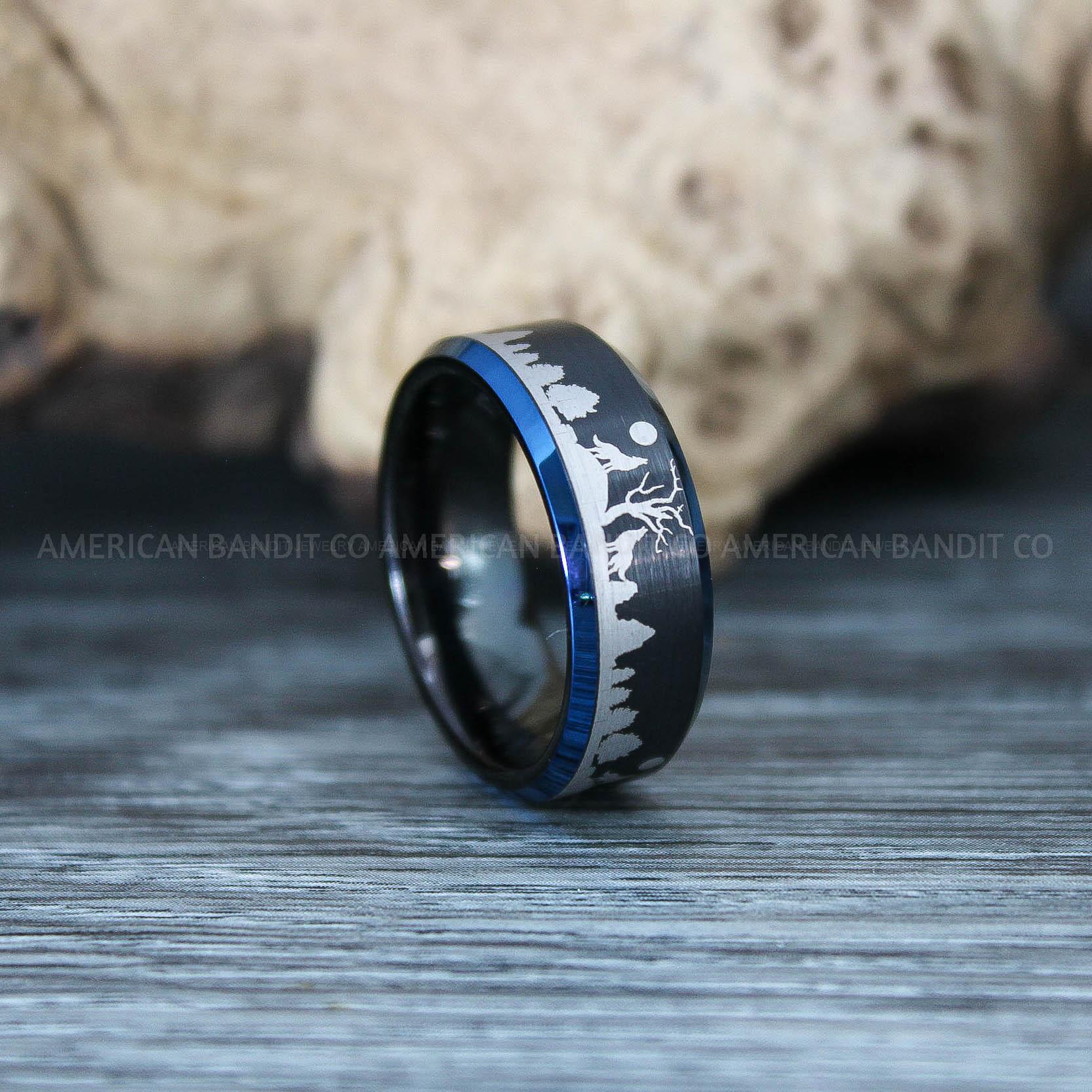 IMG_9796 Howling Wolves Ring, Wolf Ring, Black Ring, Black Tungsten Ring, Wolves Ring, Wolf Howl Ring, Black Wedding Bands - Image 1