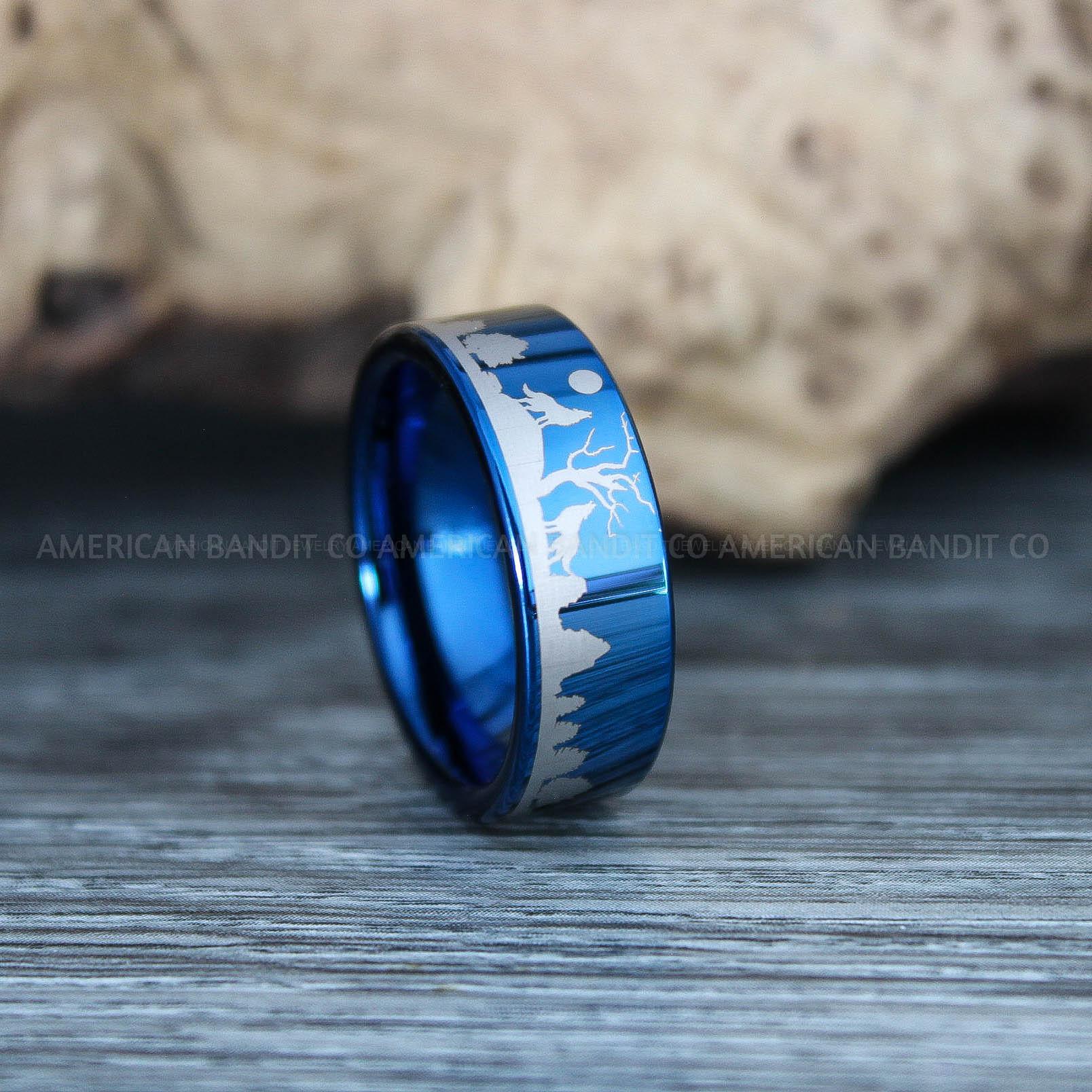 IMG_9797 Howling Wolves Ring, Wolf Ring, Blue Ring, Blue Tungsten Ring, Wolves Ring, Wolf Howl Ring, Blue Wedding Bands - Image 1