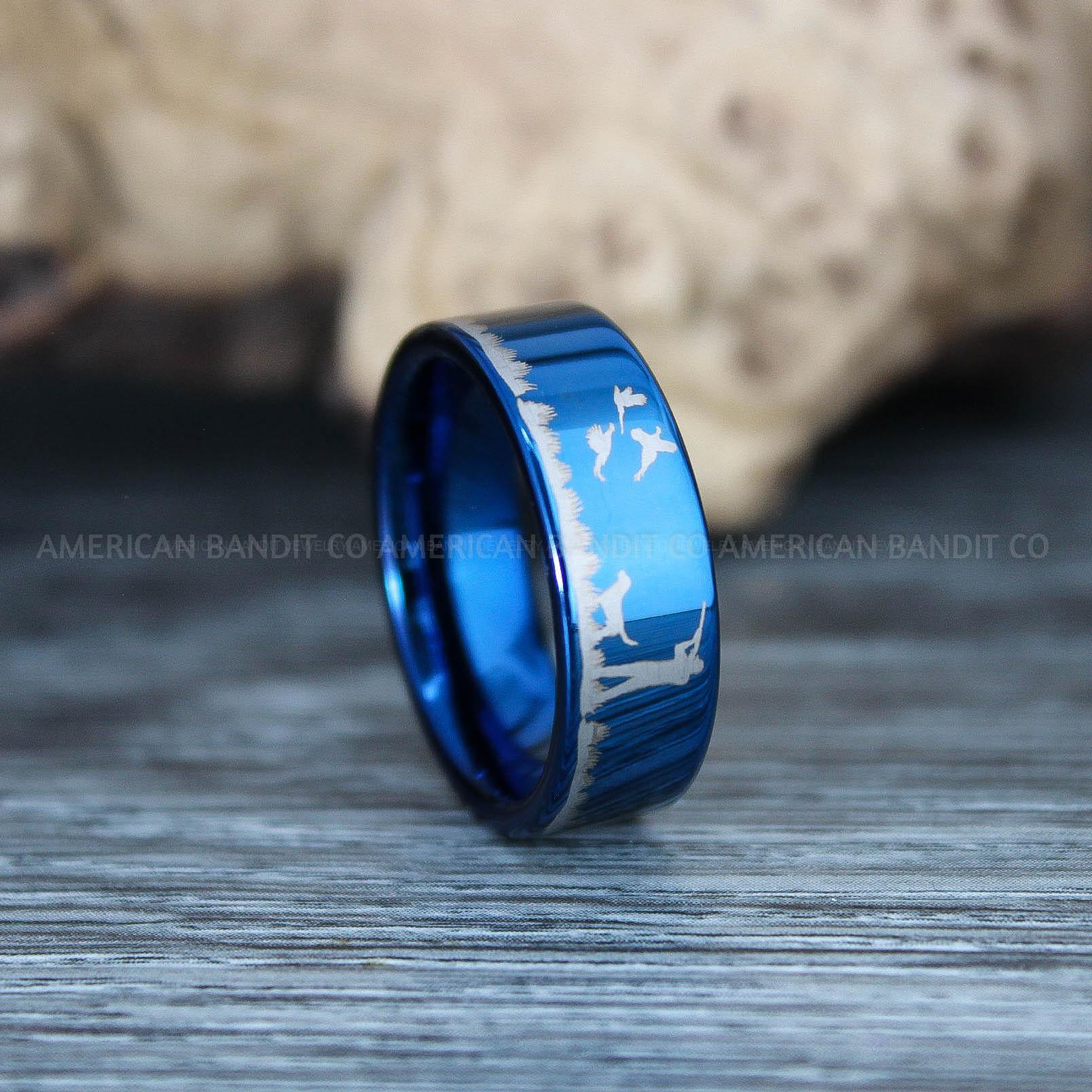 IMG_9800 Flying Pheasant Rings, Pheasant Wedding Rings, Pheasant Hunting Ring, Hunting Jewelry, Blue Wedding Band, Duck Hunting Ring, Pheasant Hunting Blue Pheasant Band - Image 1