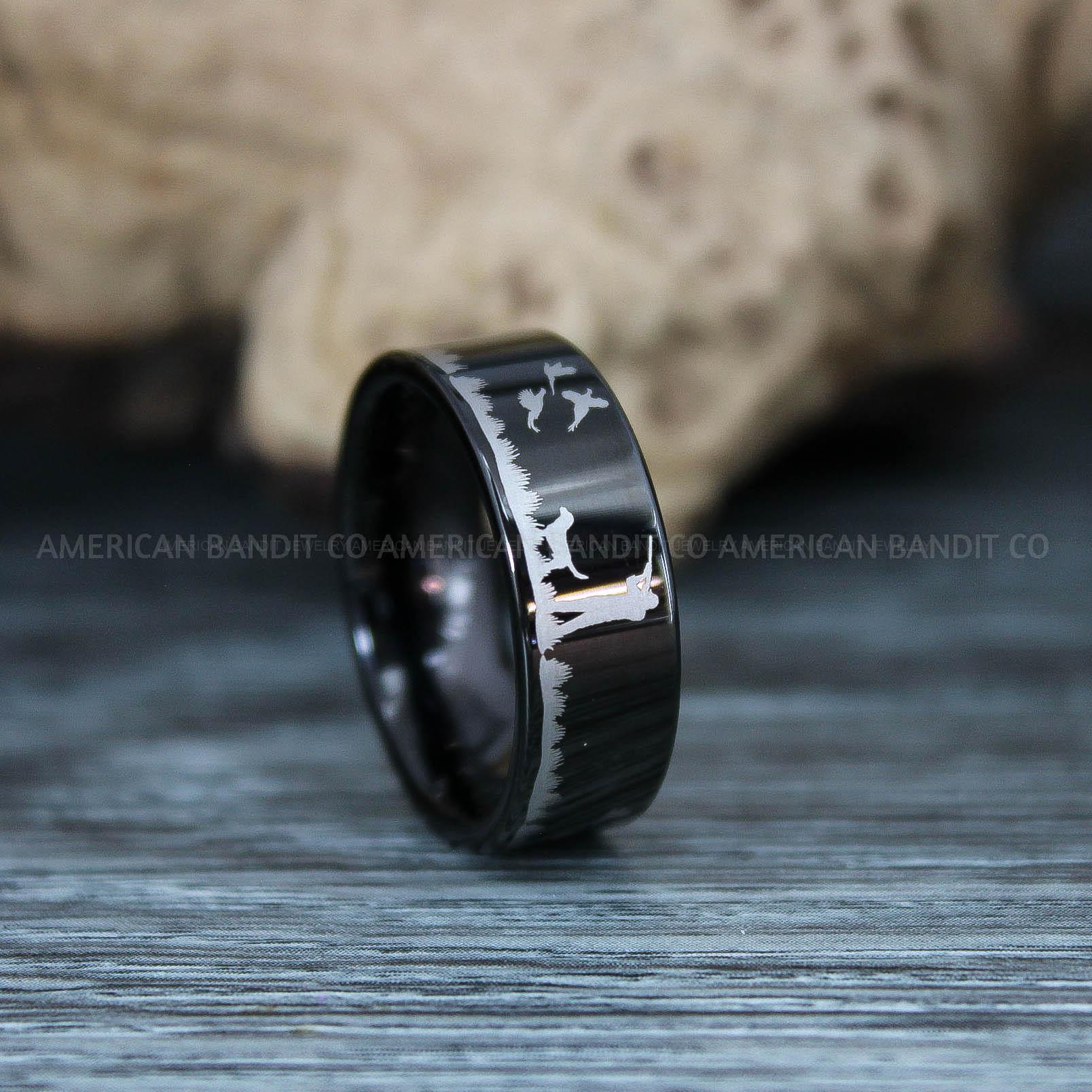 IMG_9815 Flying Pheasant Rings, Pheasant Wedding Rings, Pheasant Hunting Ring, Hunting Jewelry, Black Wedding Band, Duck Hunting Ring, Pheasant Hunting, Black Pheasant Band - Image 1