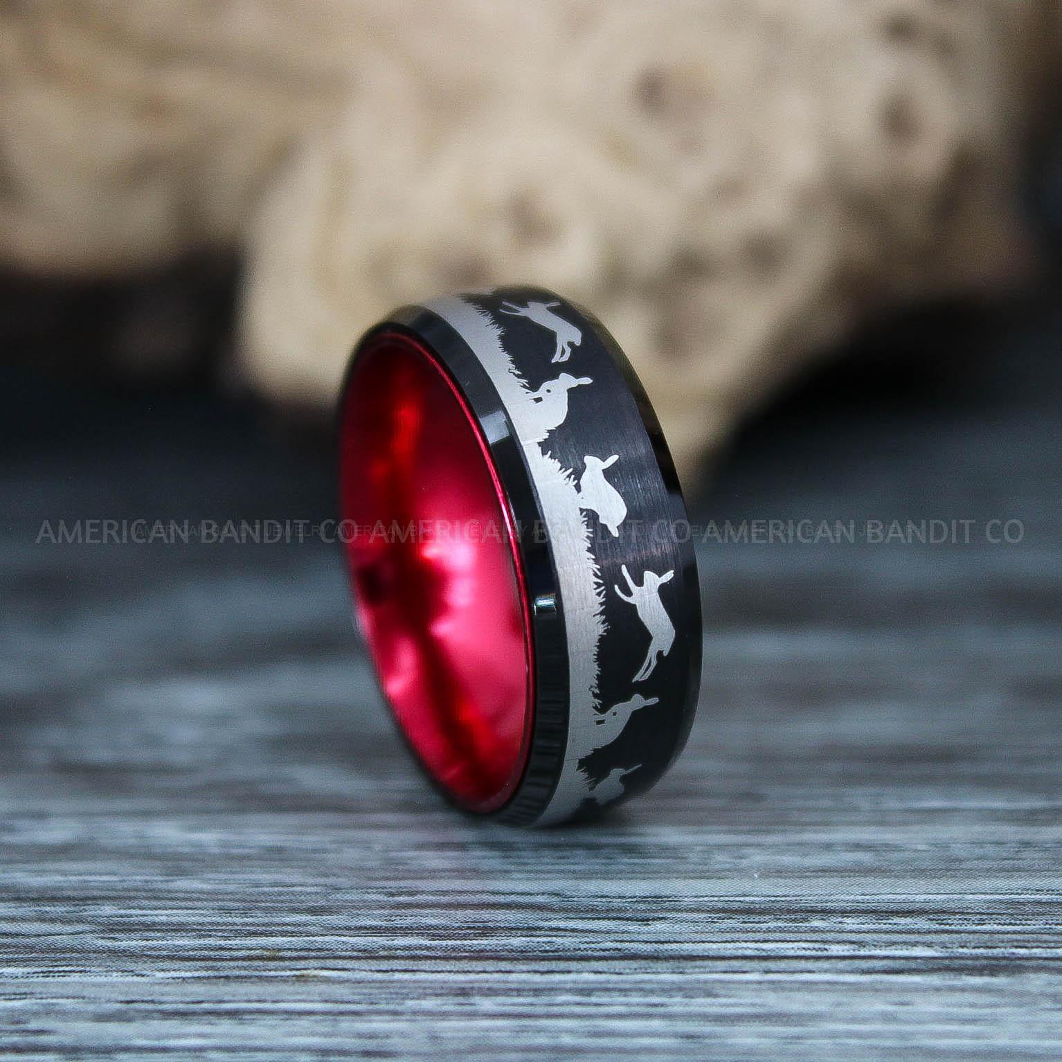 IMG_9820 Rabbit Ring, Hopping Rabbits Ring, Bunny Ring, Bunny Jewelry, Rabbit Hunting Ring, Black Tungsten Band, Black Wedding Band - Image 1