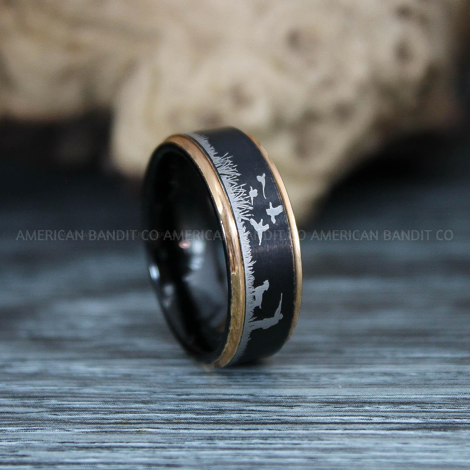 IMG_9824 Flying Pheasant Rings, Pheasant Wedding Rings, Pheasant Hunting Ring, Hunting Jewelry, Blue Wedding Band, Duck Hunting Ring, Pheasant Hunting, Black Pheasant Band - Image 1